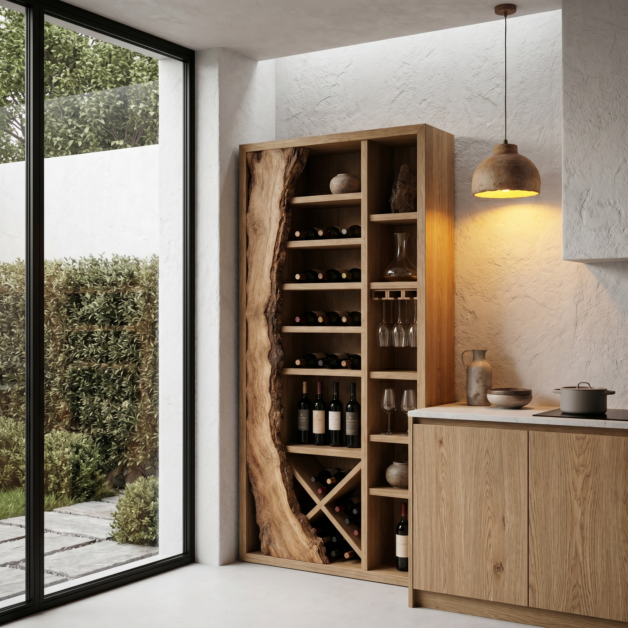 Rustic Wine Cabinet With Live Edge Wood Inlay And Built In Bottle Storage For Dining Room