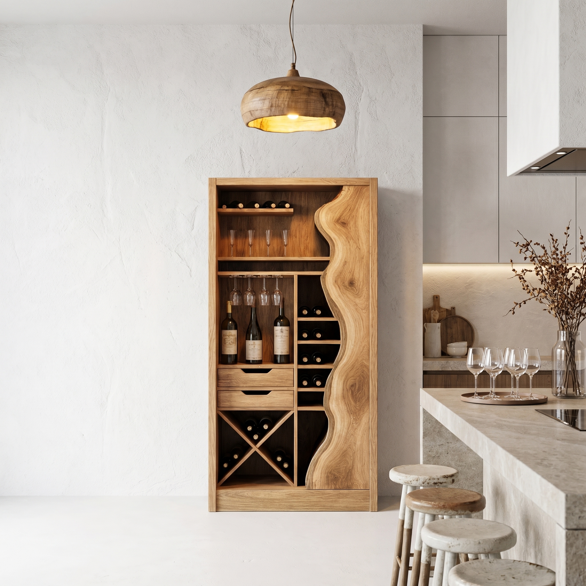 Farmhouse Wine Cabinet With Built In Bottle Storage And Display Niches