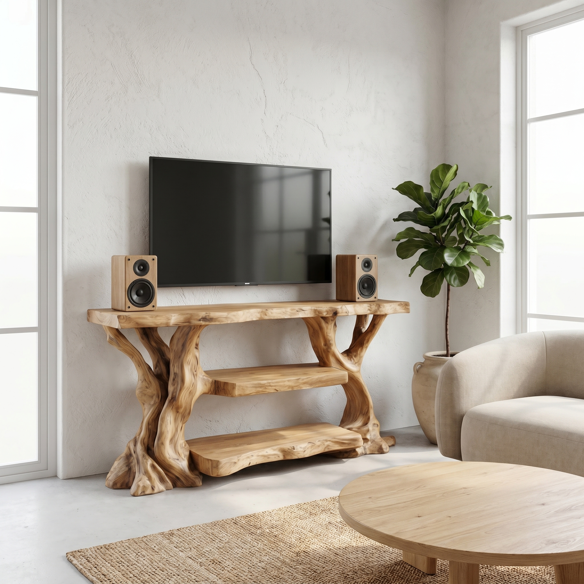 Rustic TV Stand With Natural Wood Sculptural Frame For Living Room