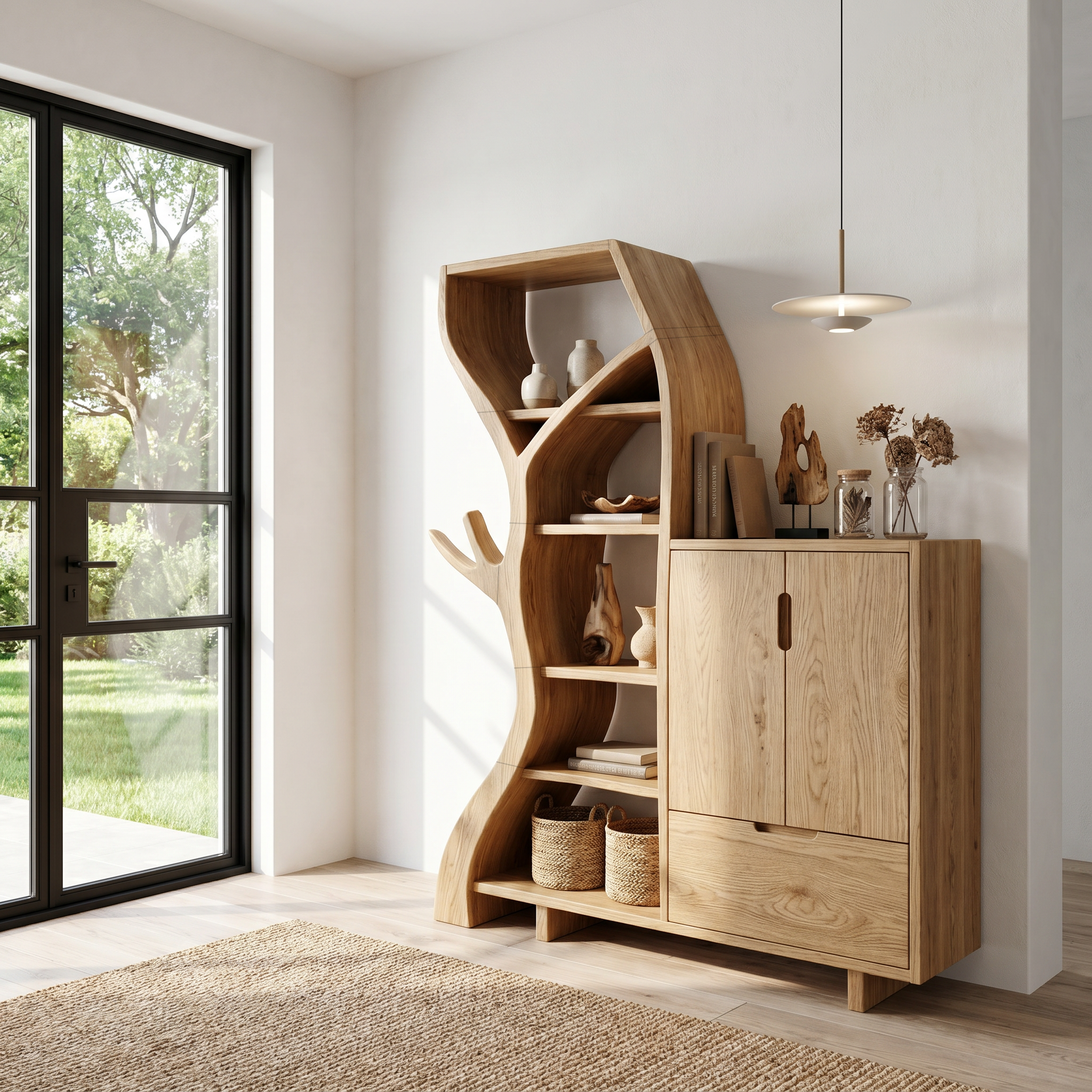 Rustic Storage Cabinet With Tree Bookshelf And Display Shelves For Entryway