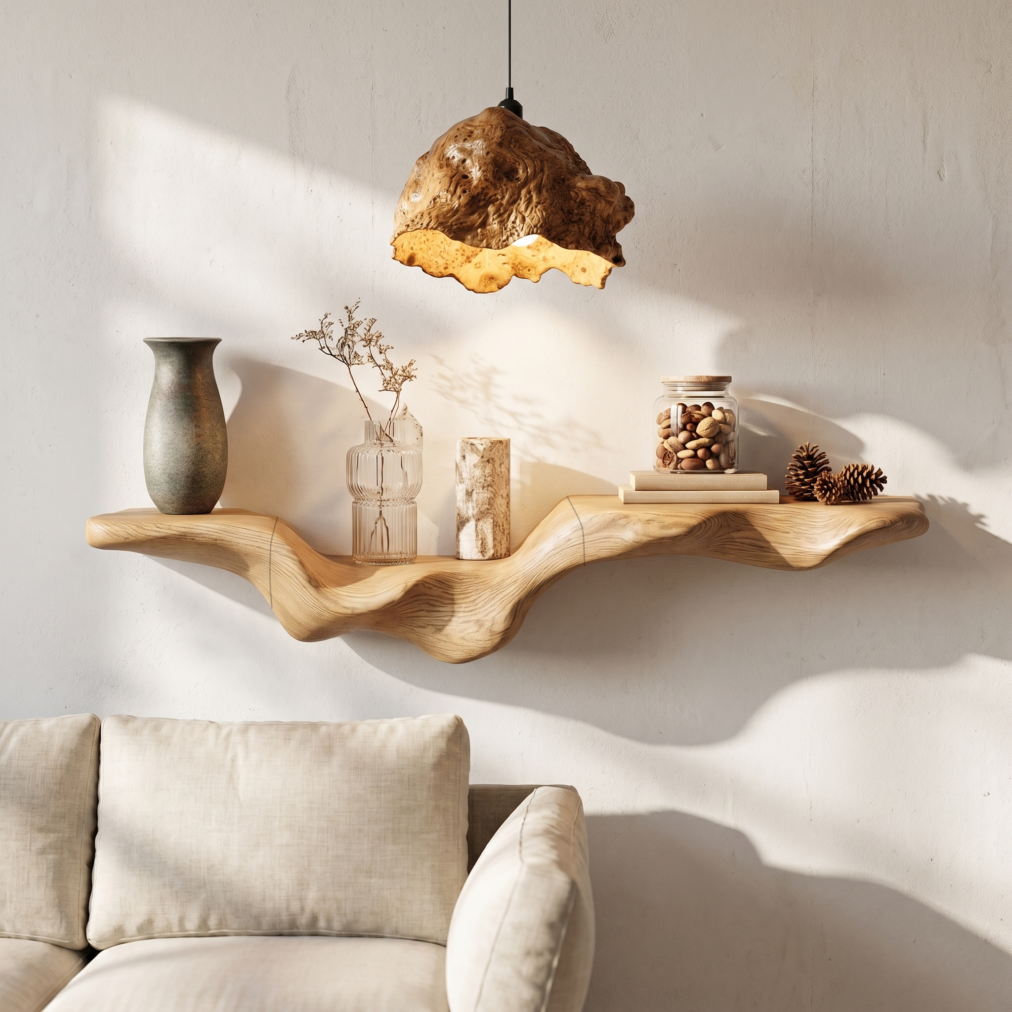 Rustic Floating Shelf With Natural Wood Flowing Form For Living Room