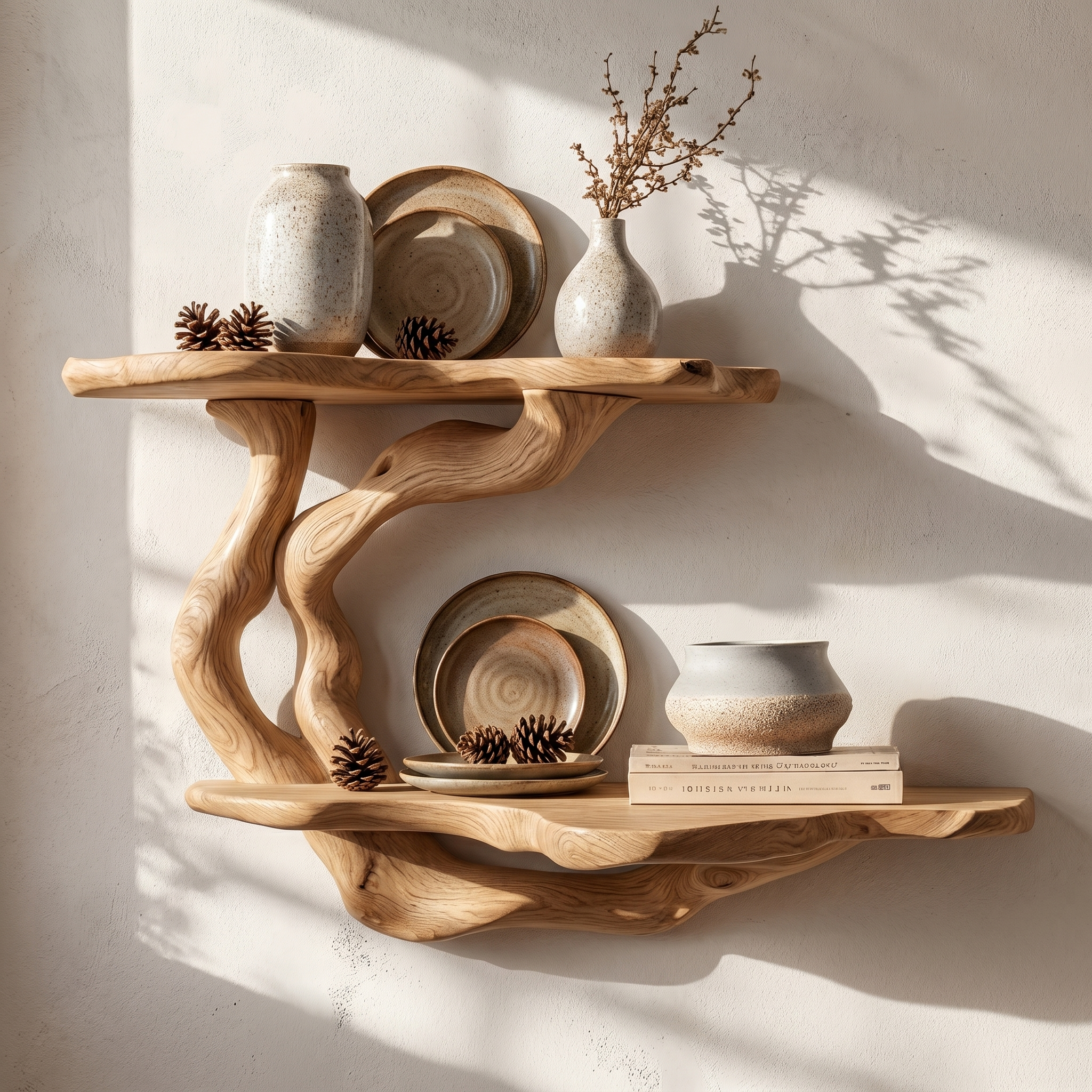 Handcrafted Floating Shelf With Sculptural Tree Form For Living Room Decor