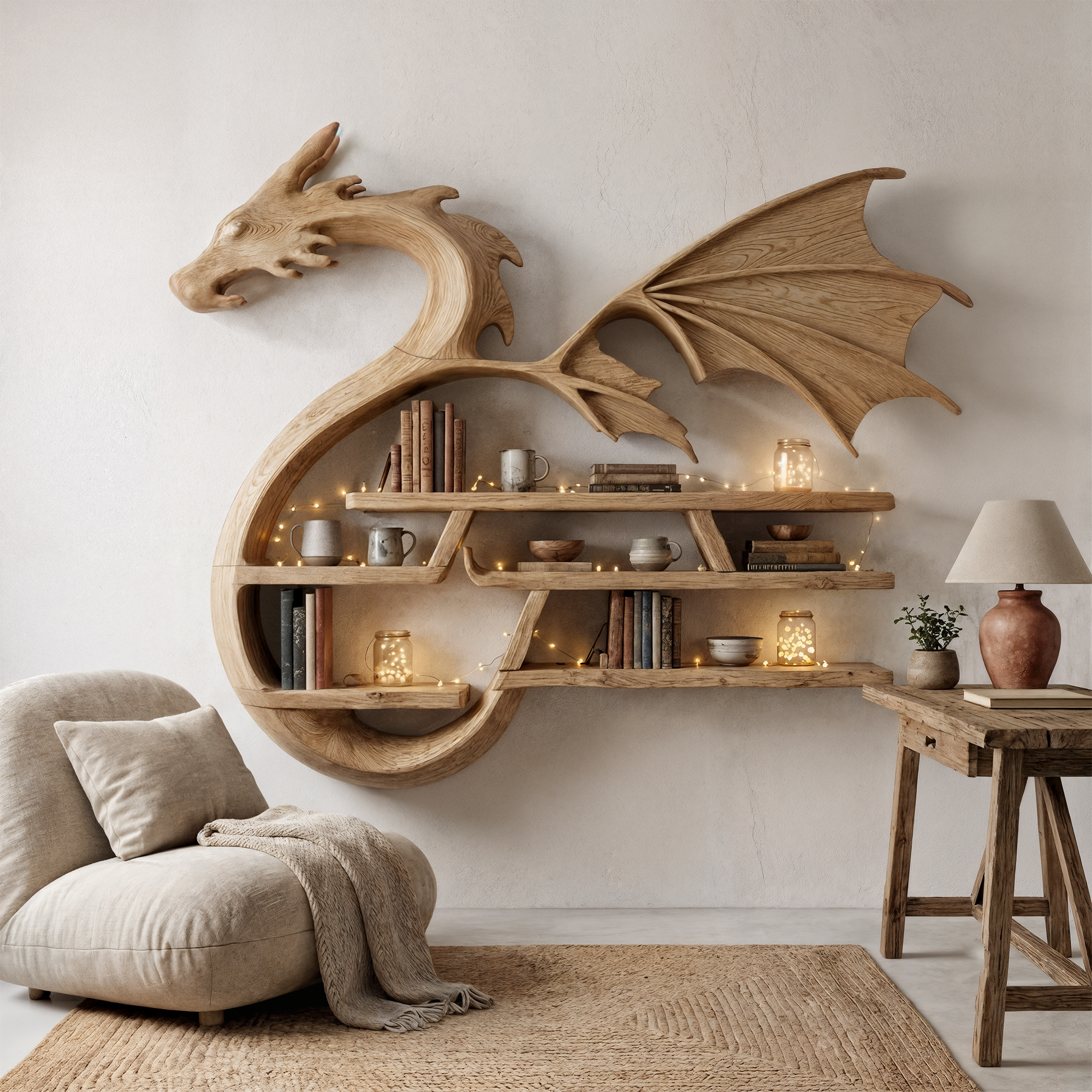 Medieval Dragon Wall Shelf With Sculptural Wooden Display Storage For Living Room