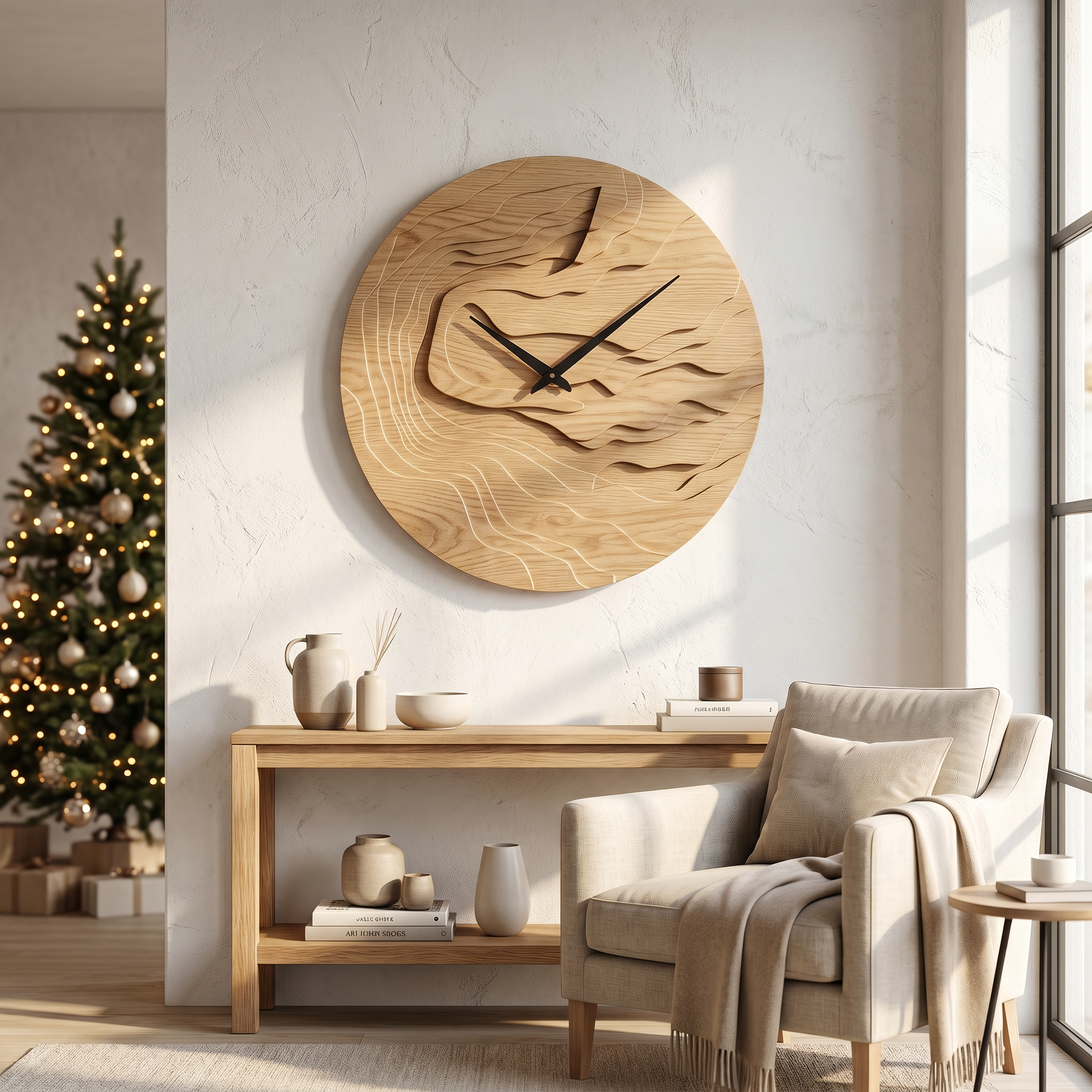 Rustic Wood Wall Clock With Hand Carved Organic Pattern For Living Room