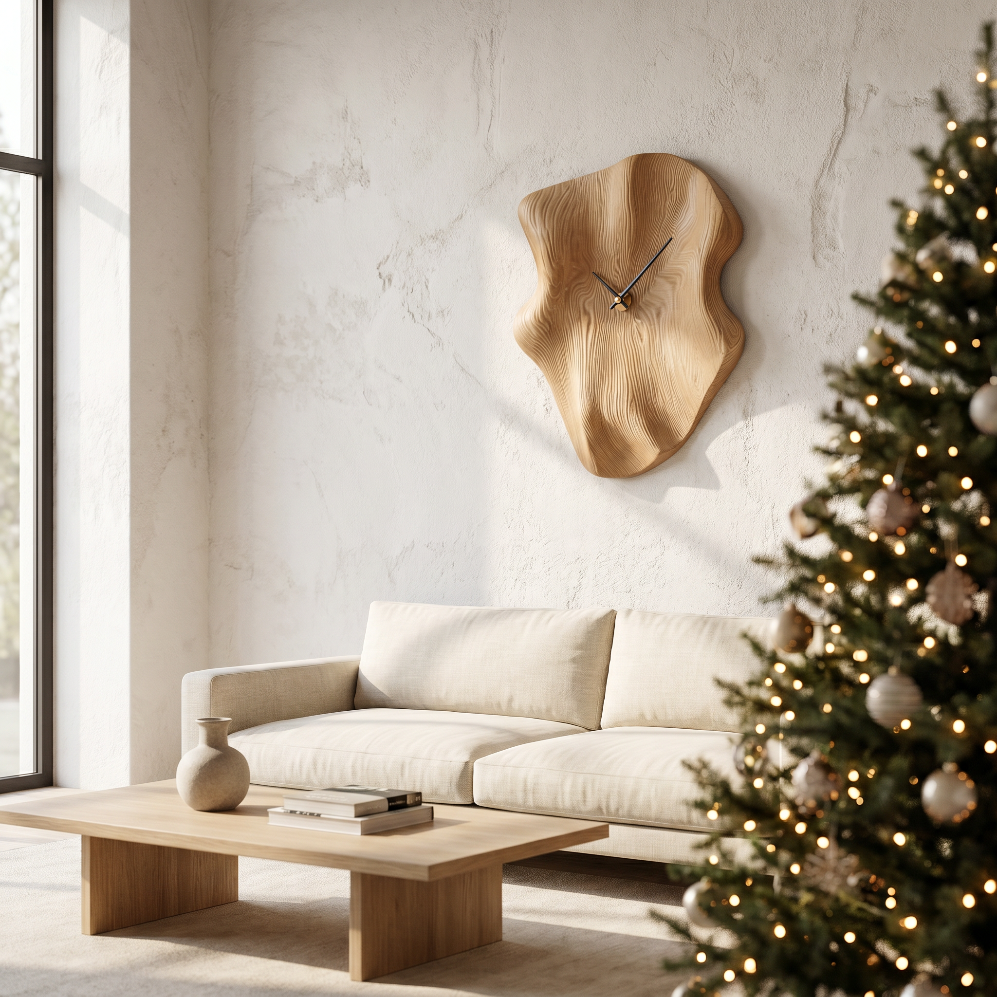 Nature Inspired Wood Wall Clock With Artistic Live Edge Form For Living Room
