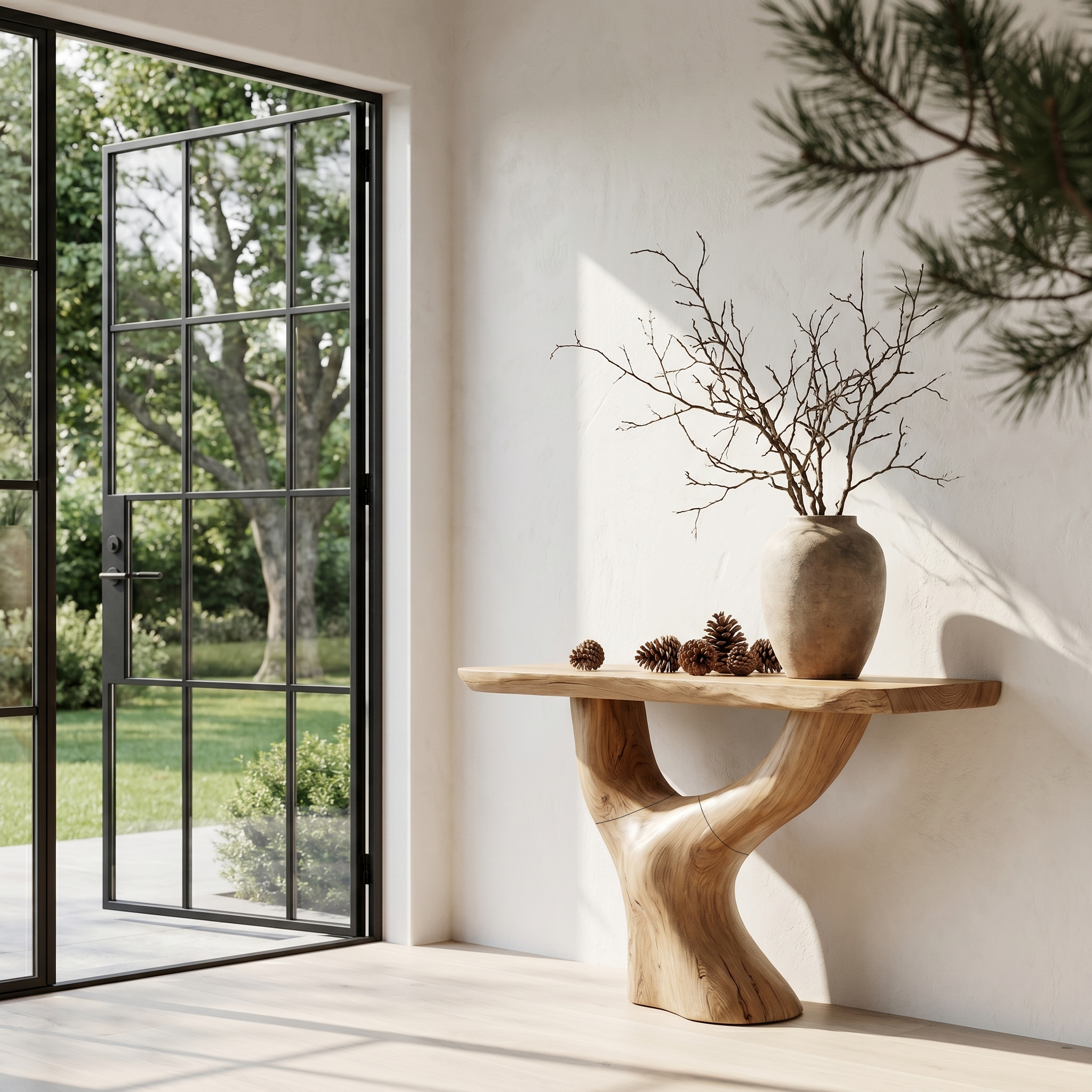 Rustic Console Table With Sculptural Tree Root Base For Entryway