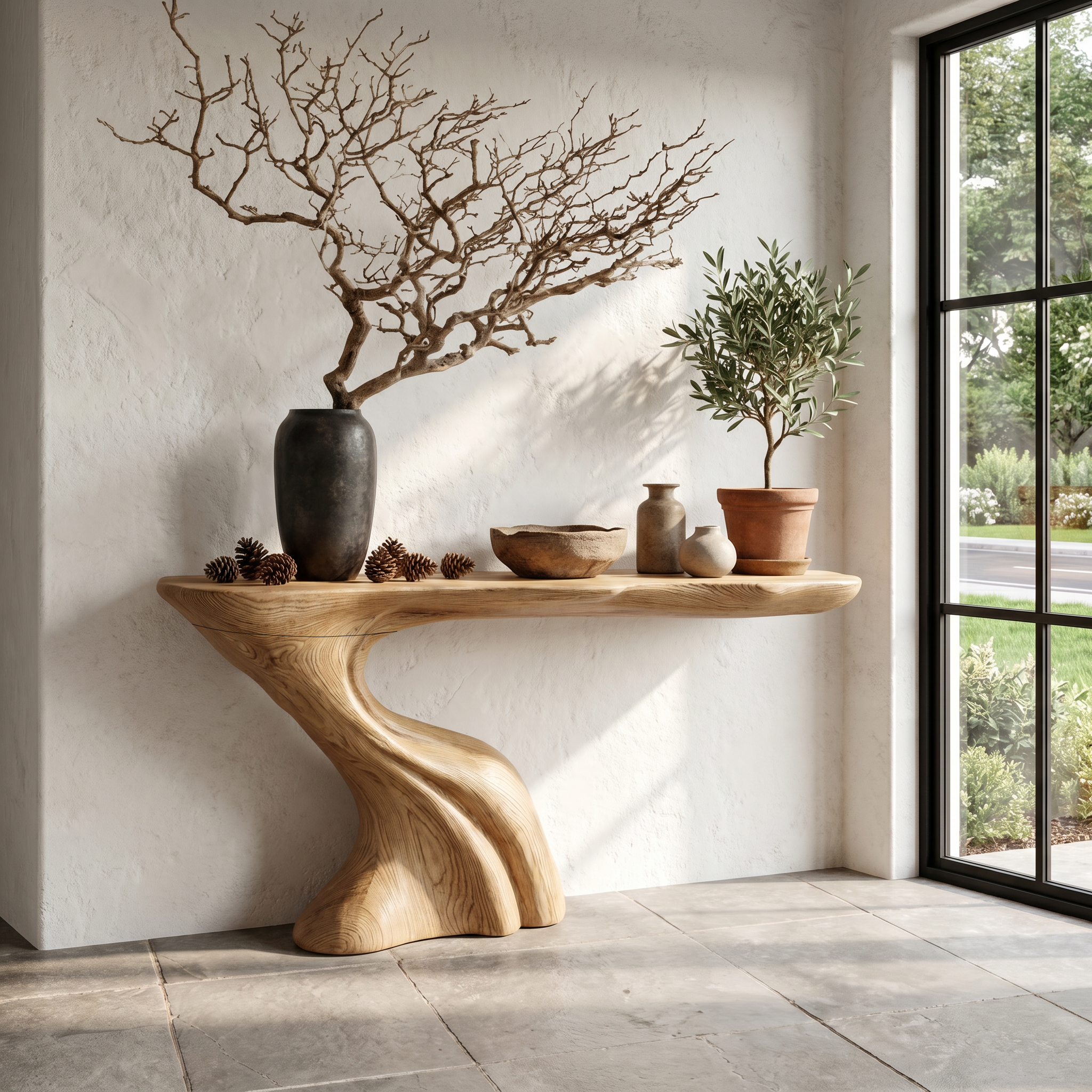 Nature Inspired Console Table With Artistic Tree Structure For Living Room