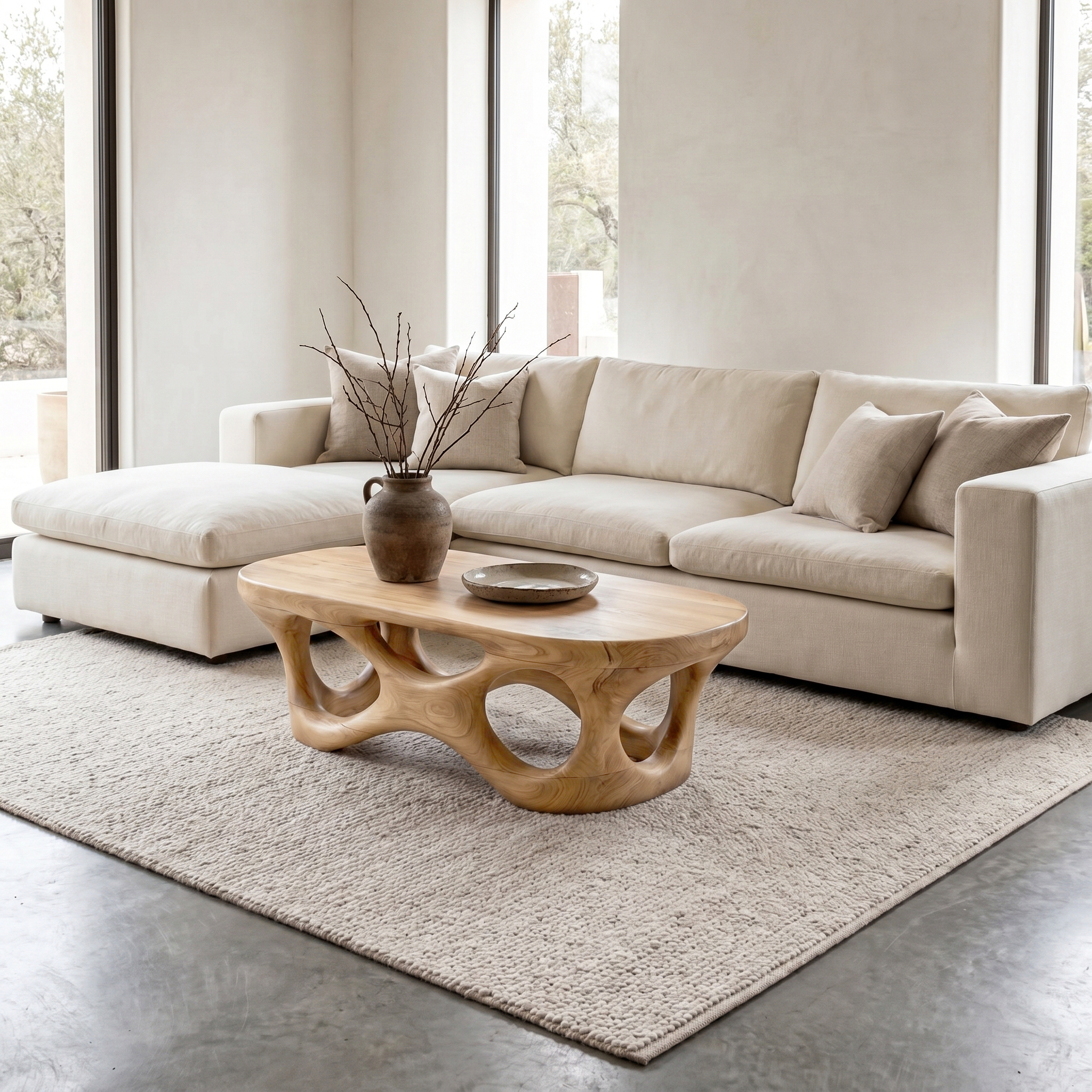 Sculptural Coffee Table With Interlocking Wood Base For Living Room