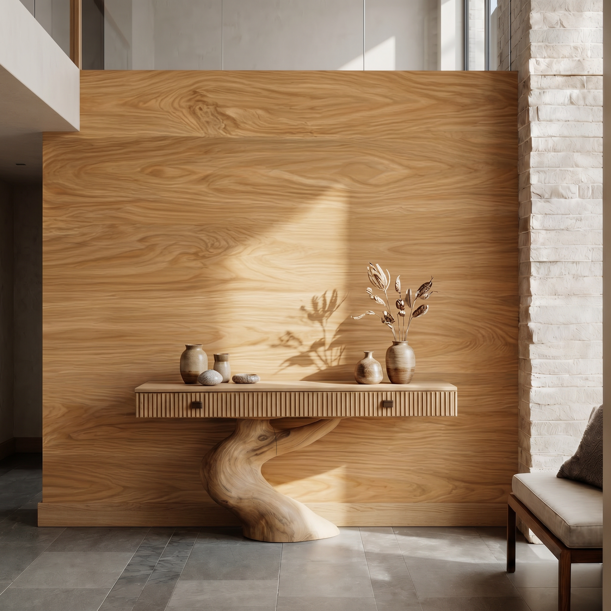 Rustic Console Table With Integrated Drawers And Artistic Tree Root Pedestal For Living Room