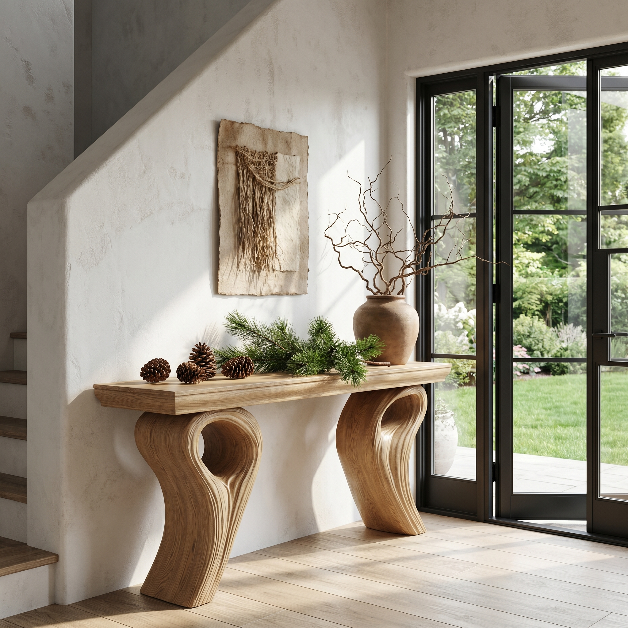 Rustic Organic Storage Console Table With Tree Inspired Base For Hallway And Living Room