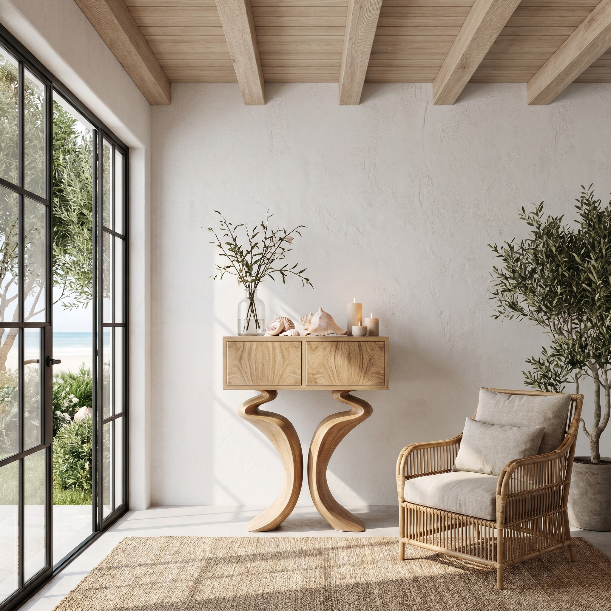 Organic Console Table With Hidden Storage Cabinet For Living Room And Entryway