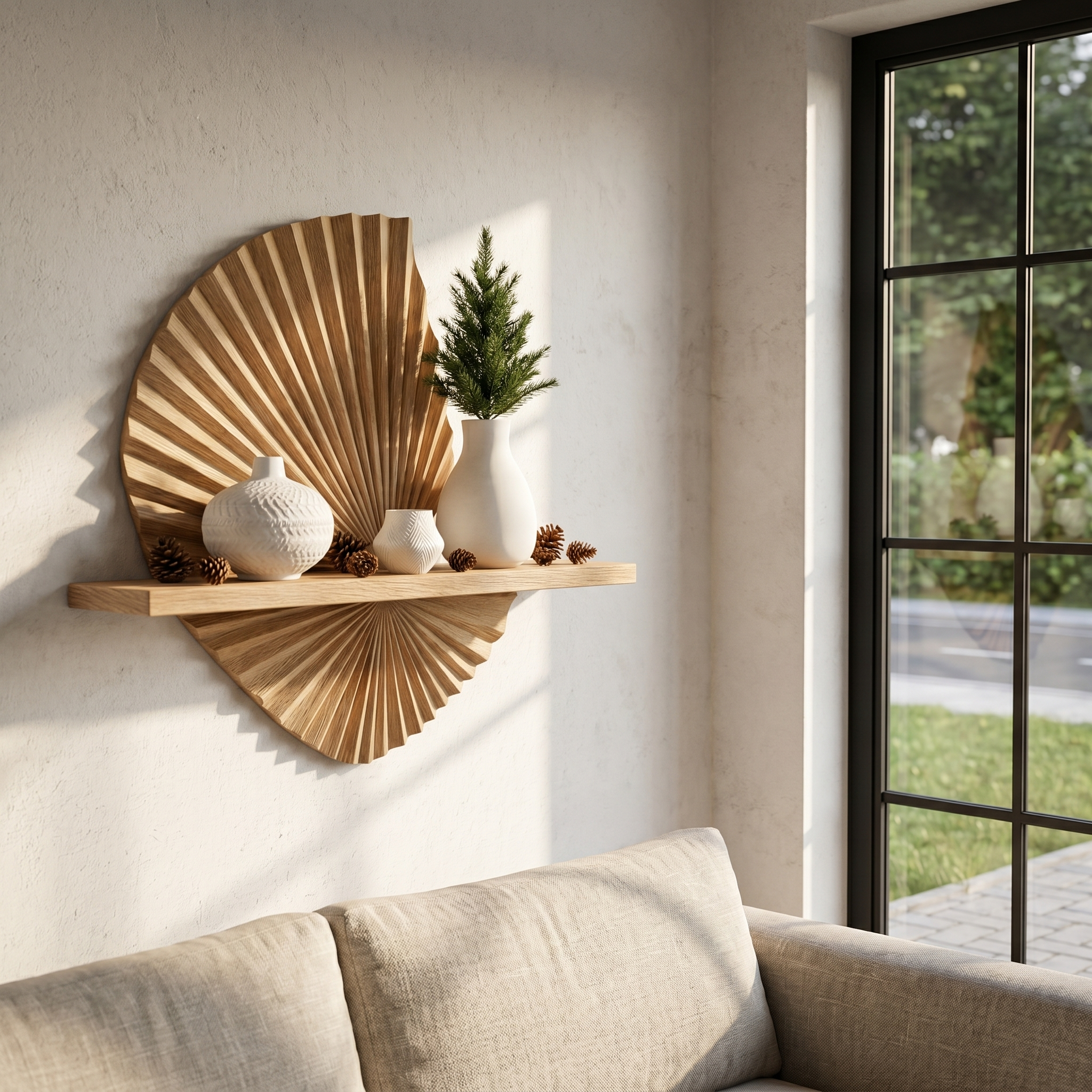 Modern Floating Shelf With Sunburst Wood Wall Sculpture For Living Room