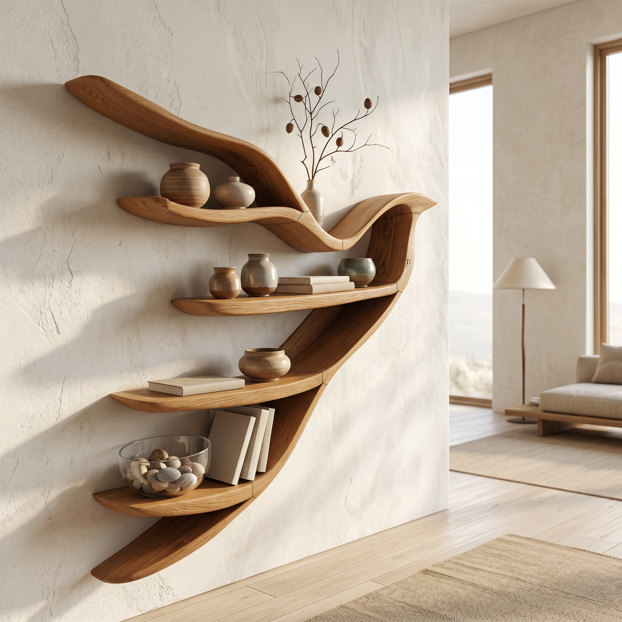 Sculptural Bookcase With Organic Open Shelving For Living Room Decor