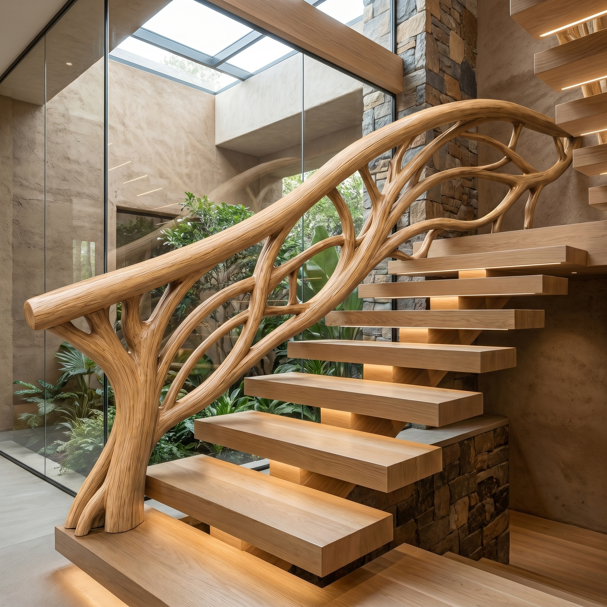 Organic Tree Branch Stair Railing With Natural Wood Design For Interior Staircase