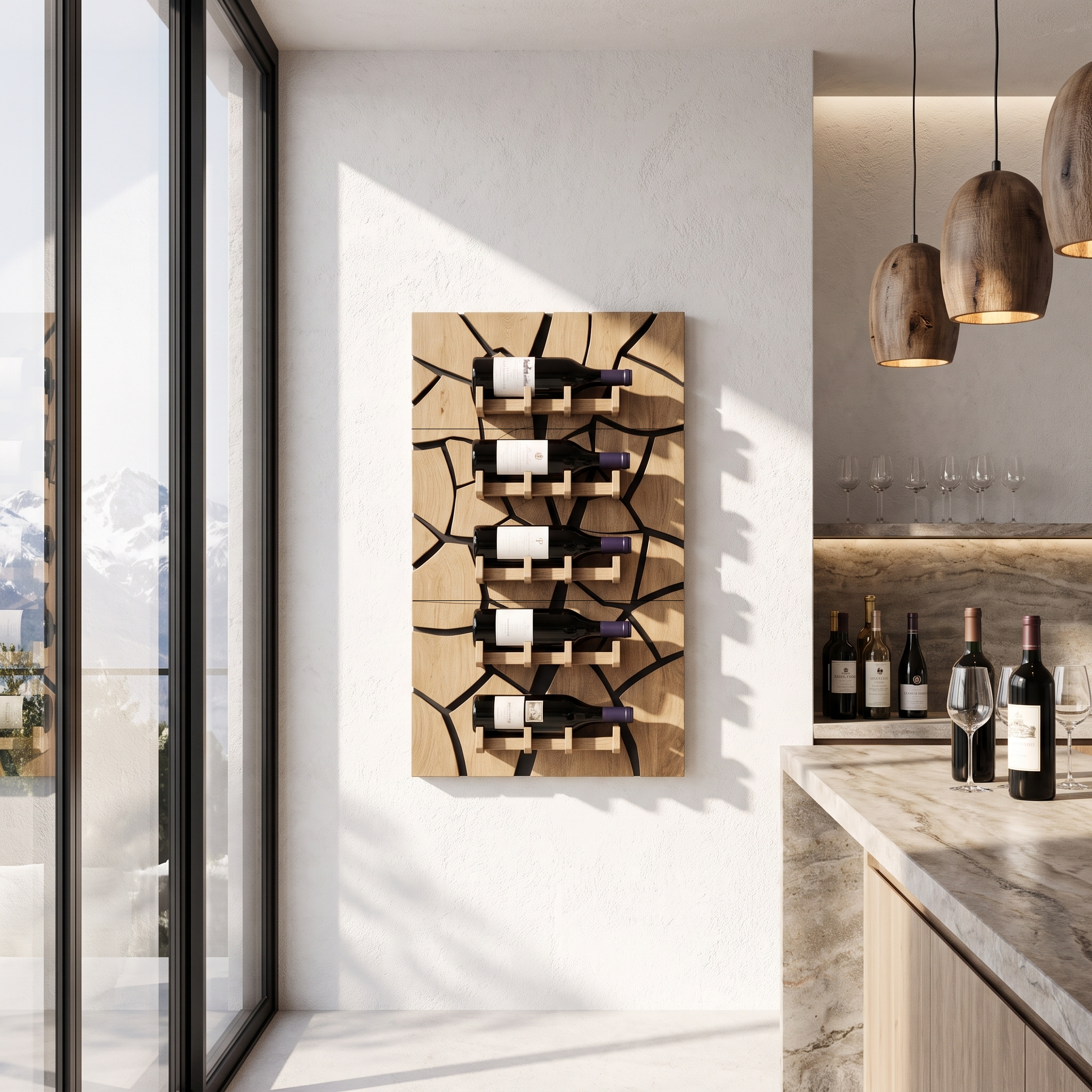 Rustic Wall Mounted Wine Holder With Geometric Bottle Display For Dining Room