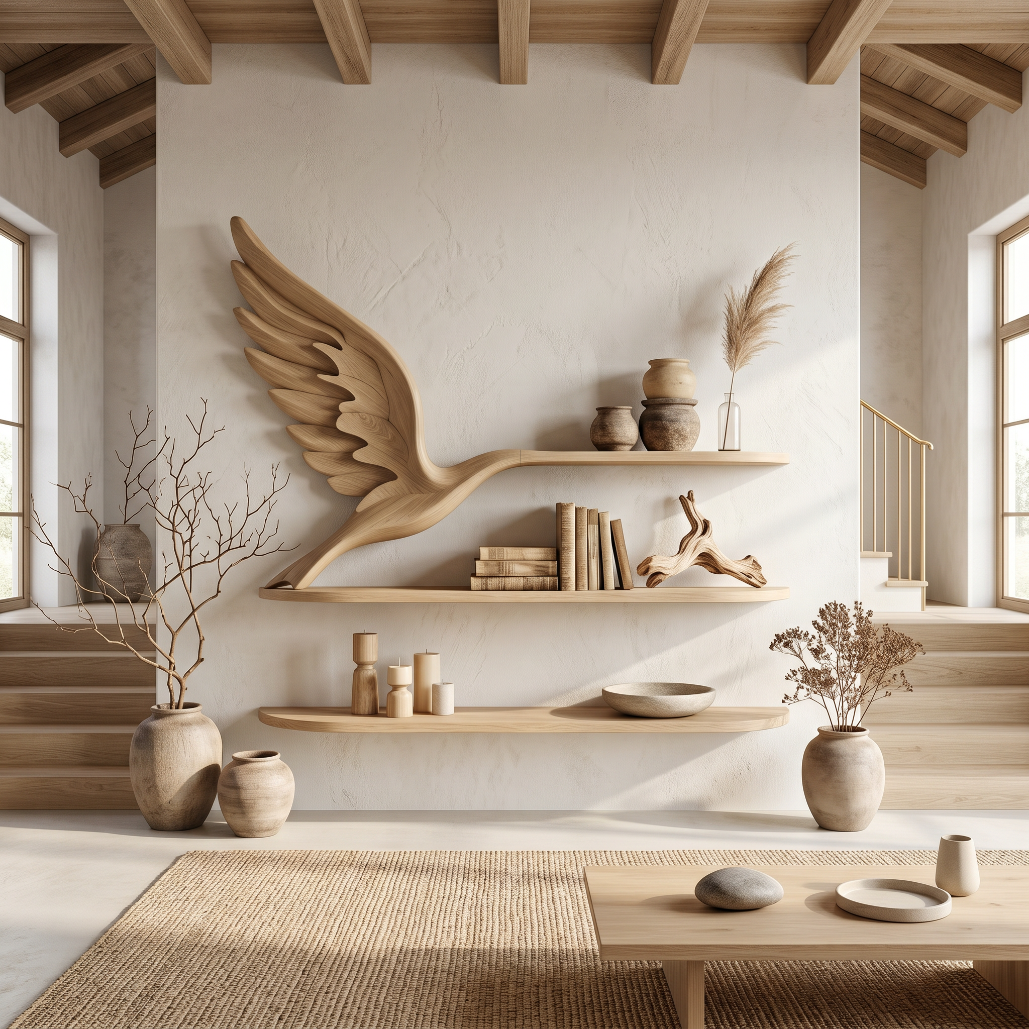 Handcrafted Eagle Wing Floating Shelf With Wooden Display Shelves For Living Room