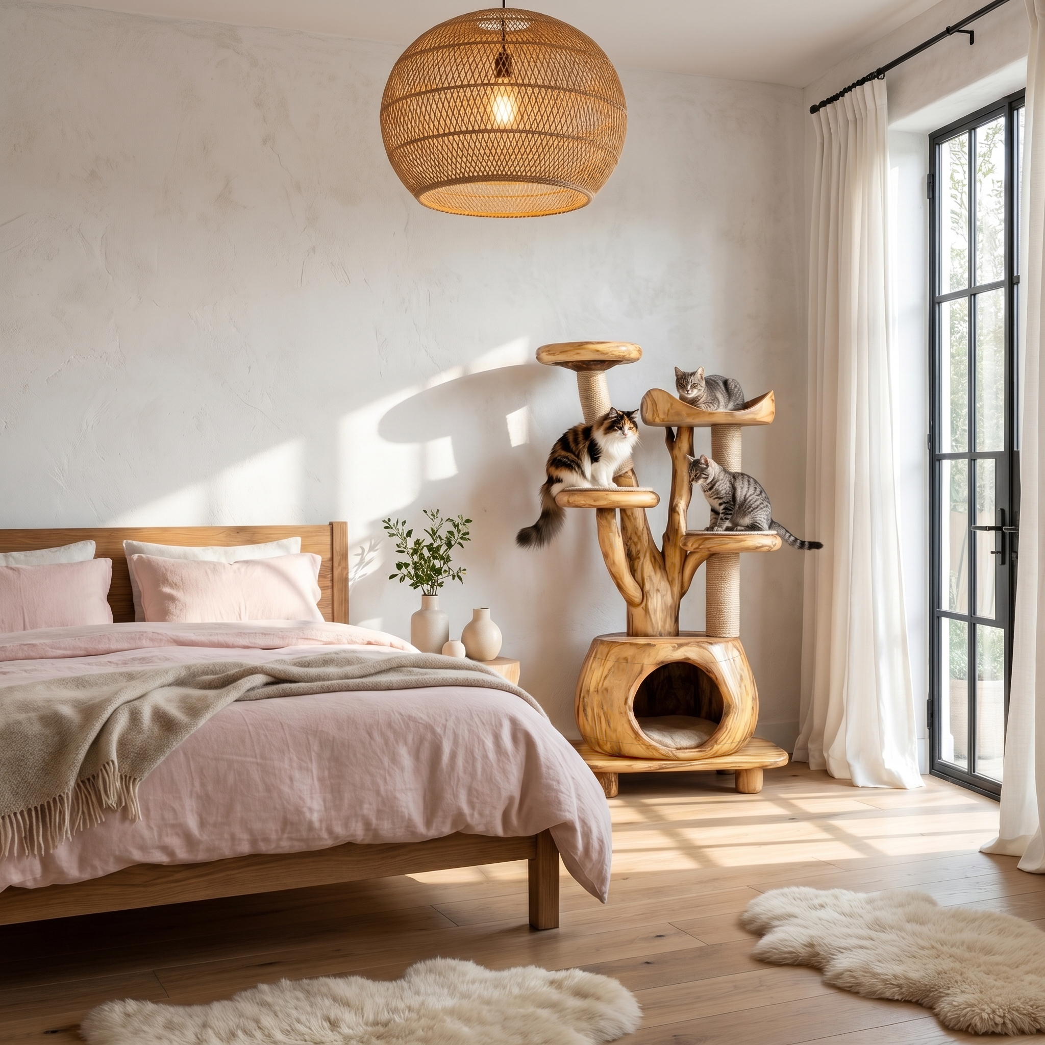 Rustic Tree Cat Tower With Cozy Pet Bed For Living Room