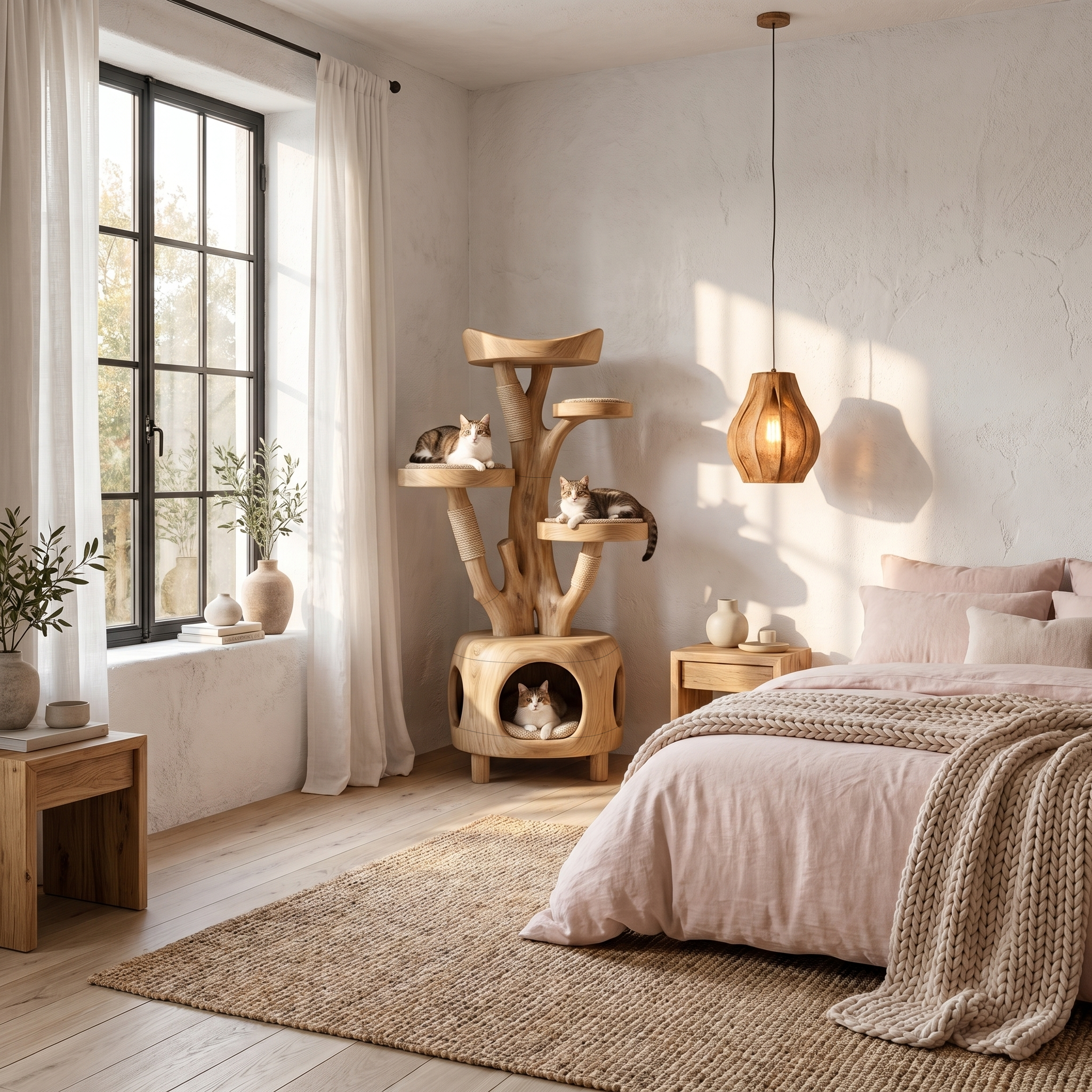 Nature Inspired Cat Tower With Cozy Hideaway Pet Bed For Home