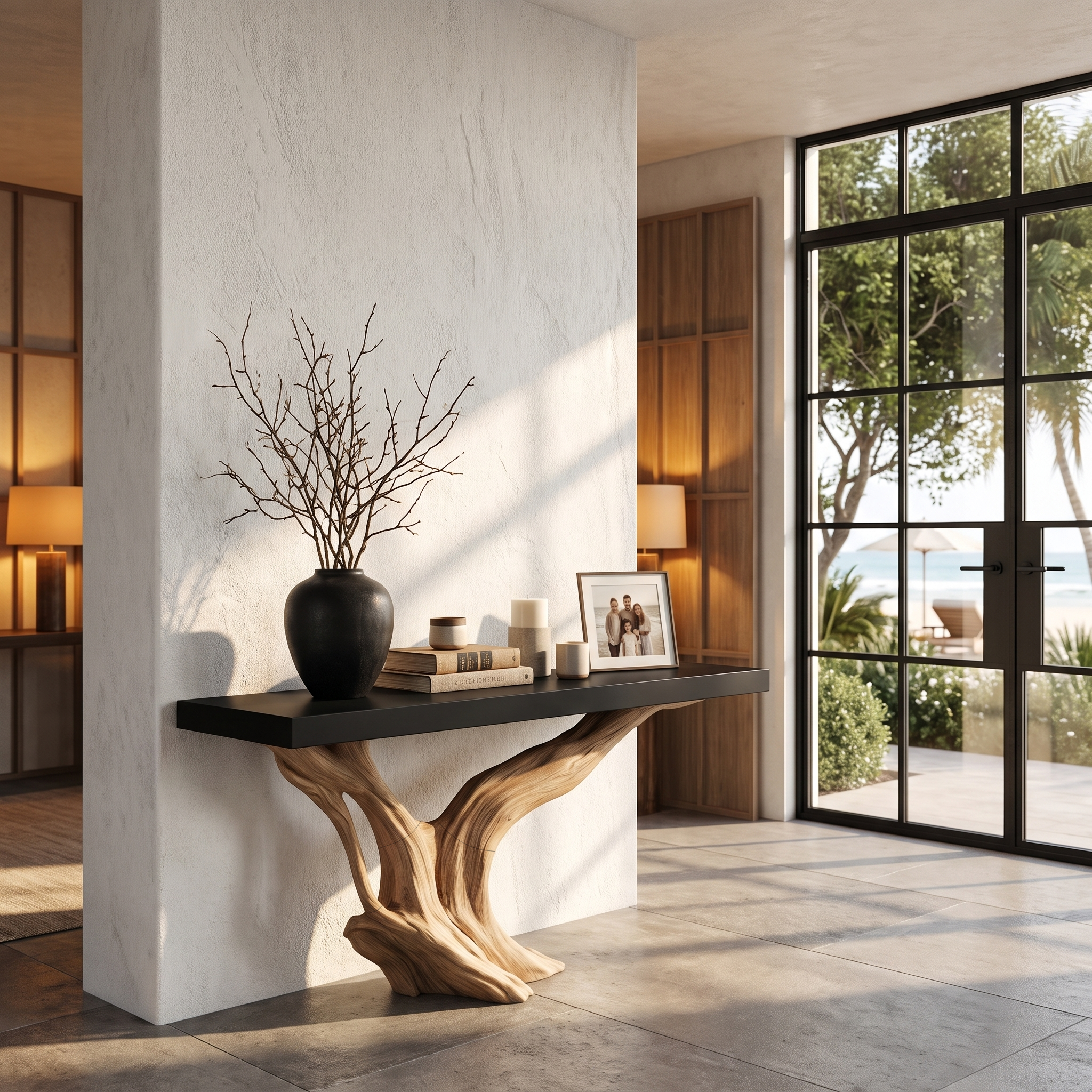Organic Wall Mounted Console Table With Sculptural Wood Base For Hallway