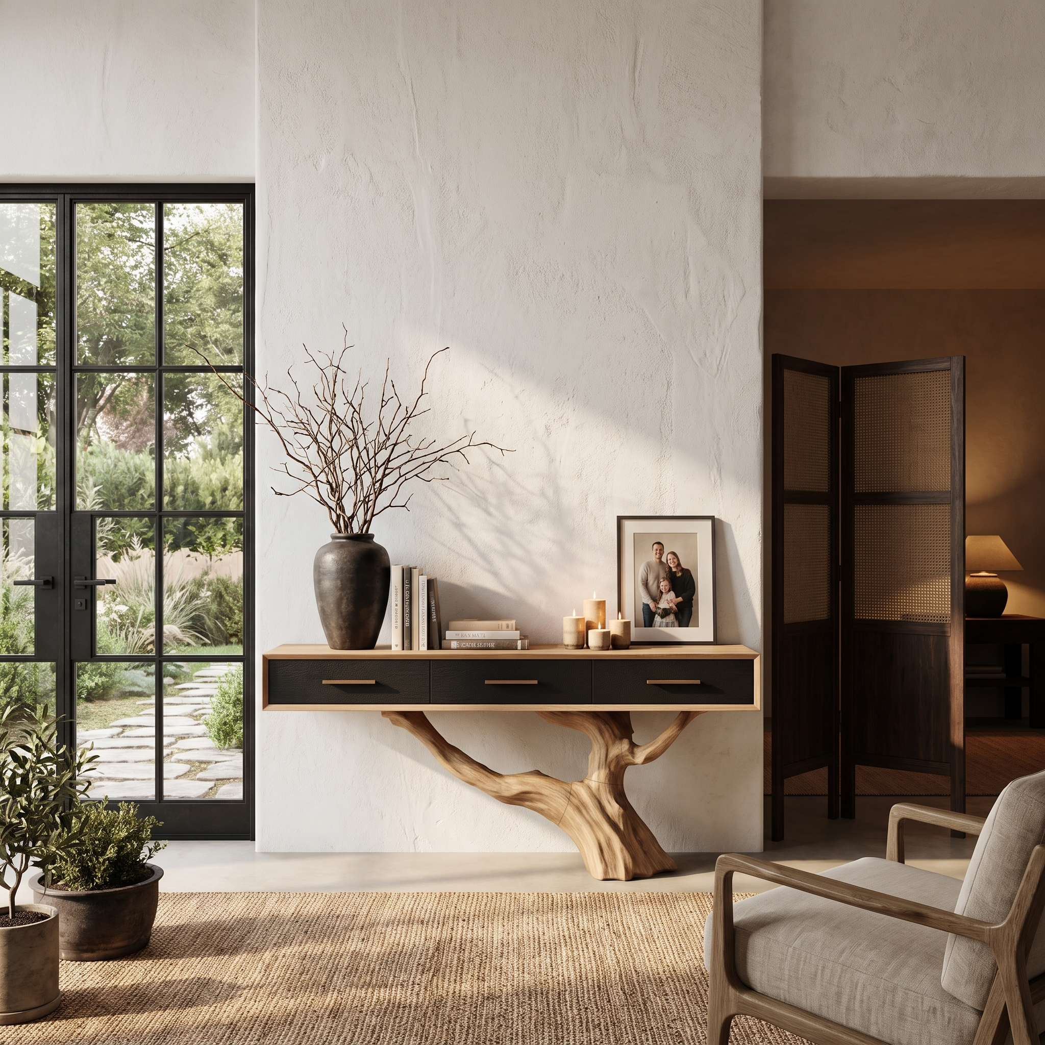 Statement Console Table With Nature Inspired Tree Base For Living Room