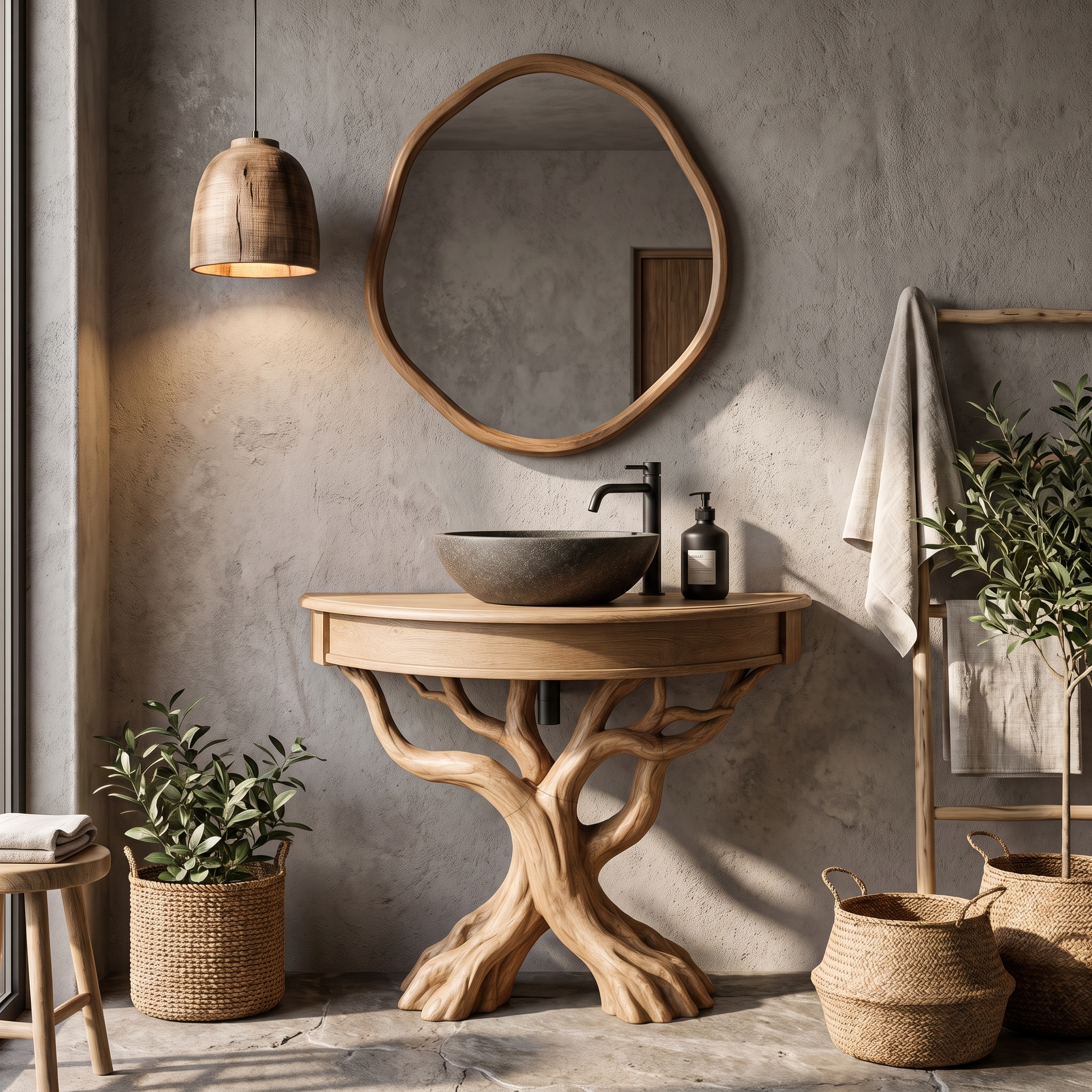 Tree Bathroom Vanity With Floating Countertop And Display Shelves For Bathroom