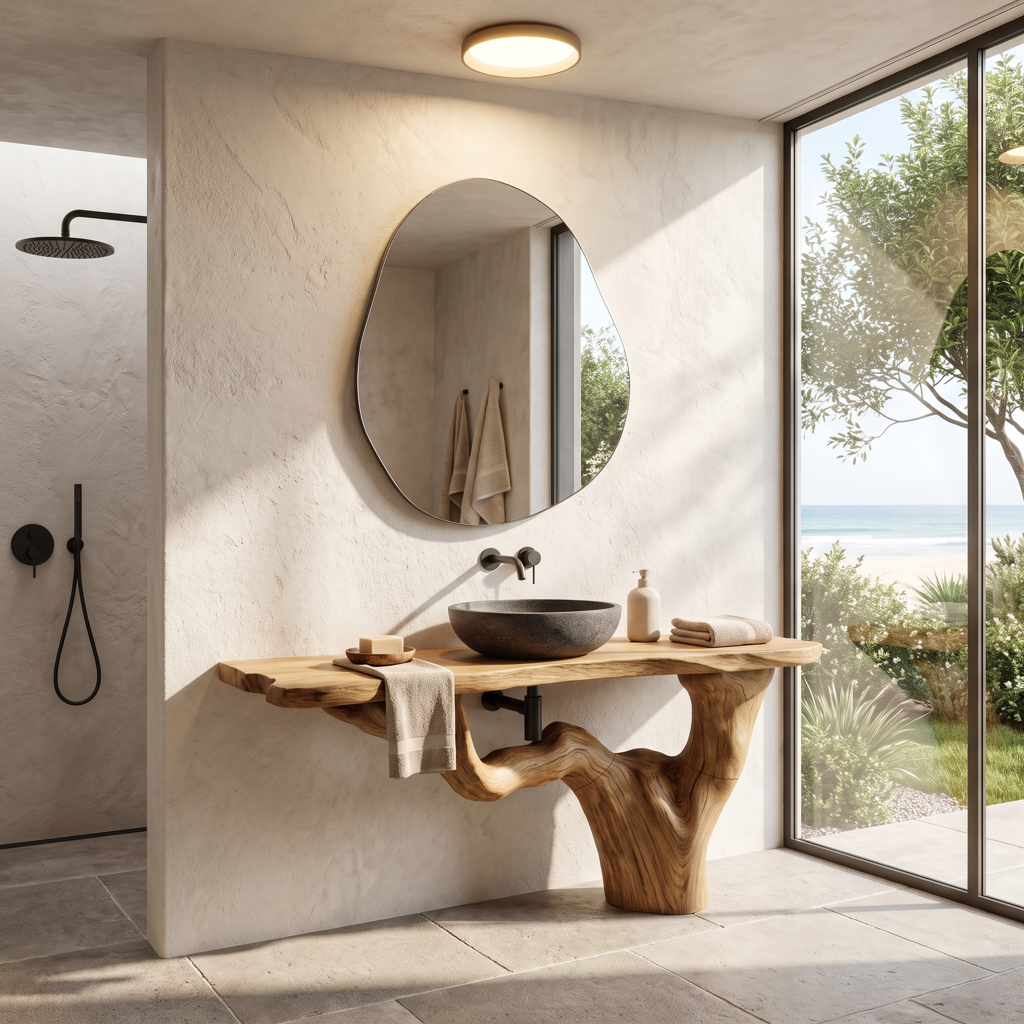 Handcrafted Bathroom Vanity With Tree Trunk Design For Powder Room