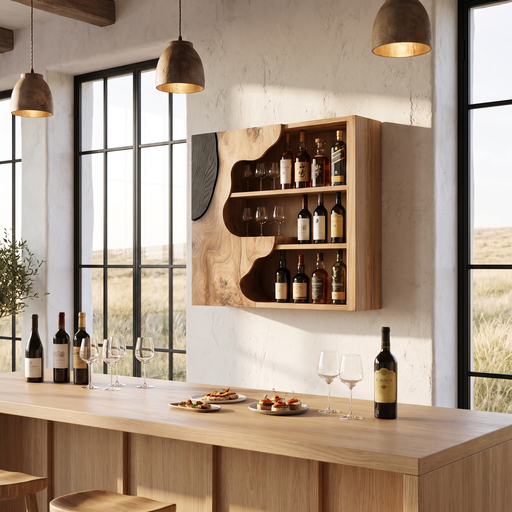 Organic Live Edge Wine Holder Wall Mounted Storage Cabinet For Home Bar