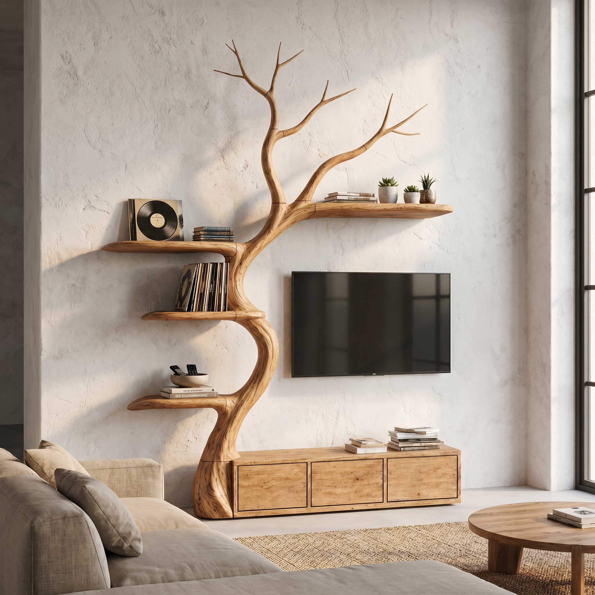 Rustic Tree Branch TV Cabinet With Integrated Display Shelves For Living Room
