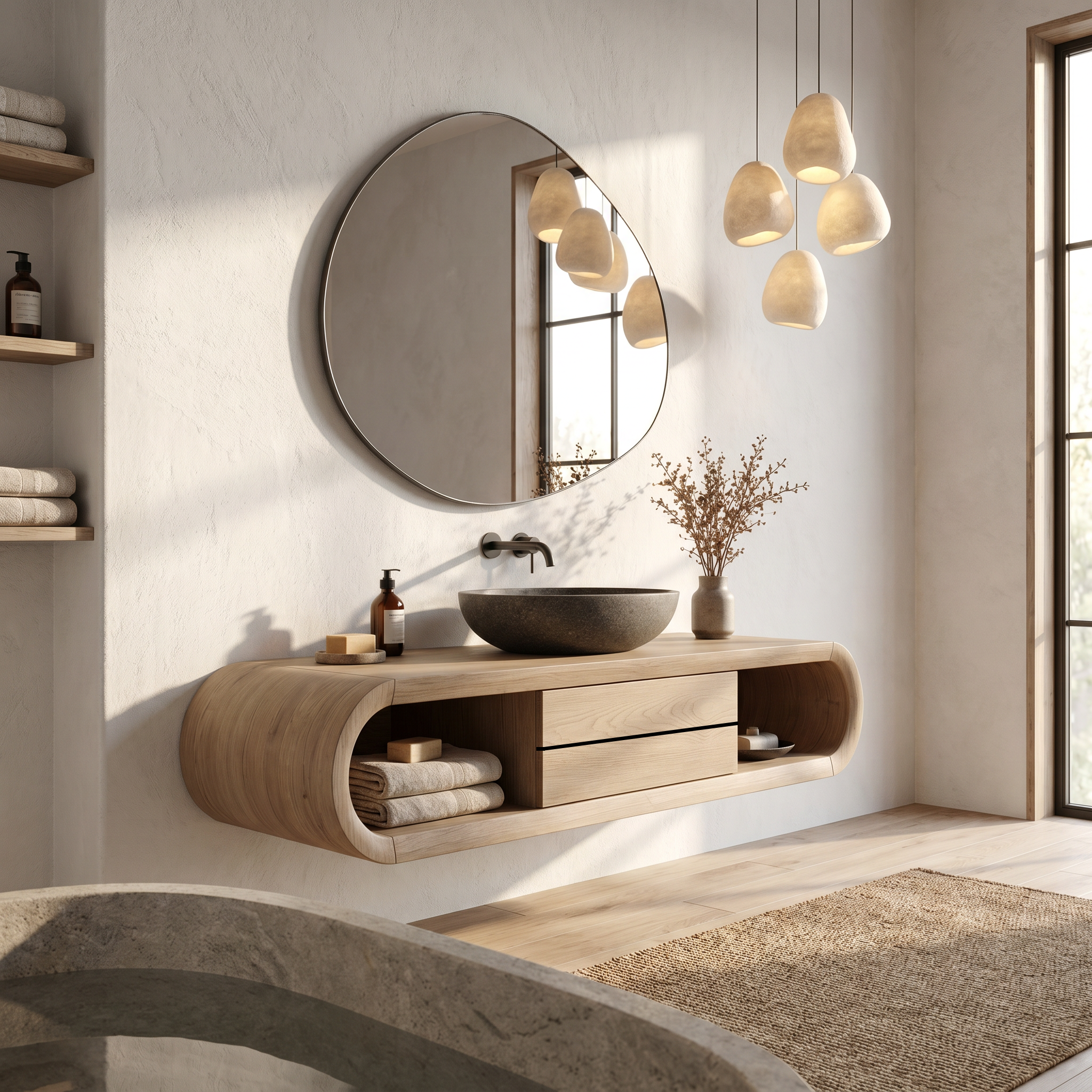 Nature Inspired Wall Mounted Bathroom Vanity With Live Edge Wood Design For Bathroom