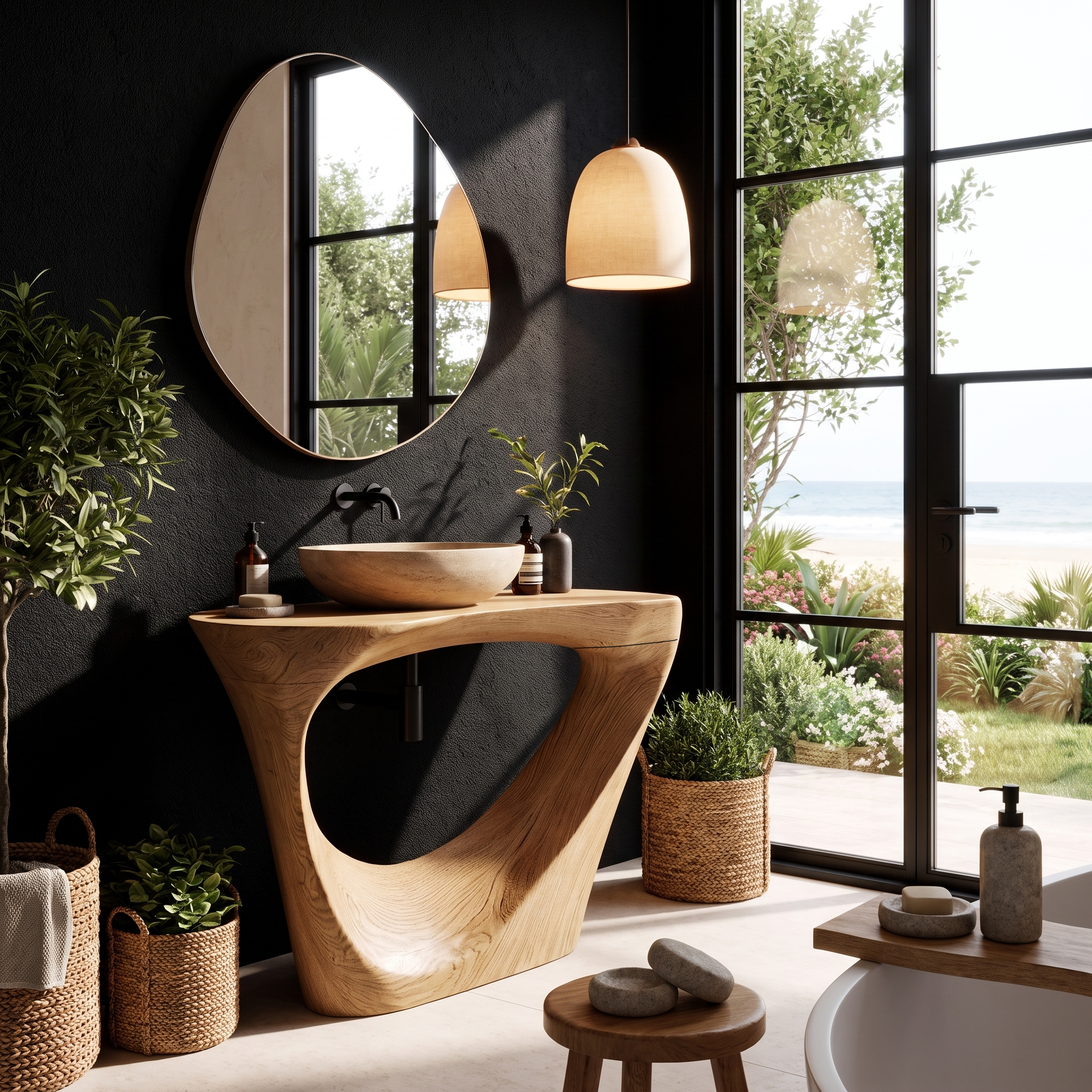 Live Edge Floating Bathroom Vanity With Sculptural Tree Support For Bathroom