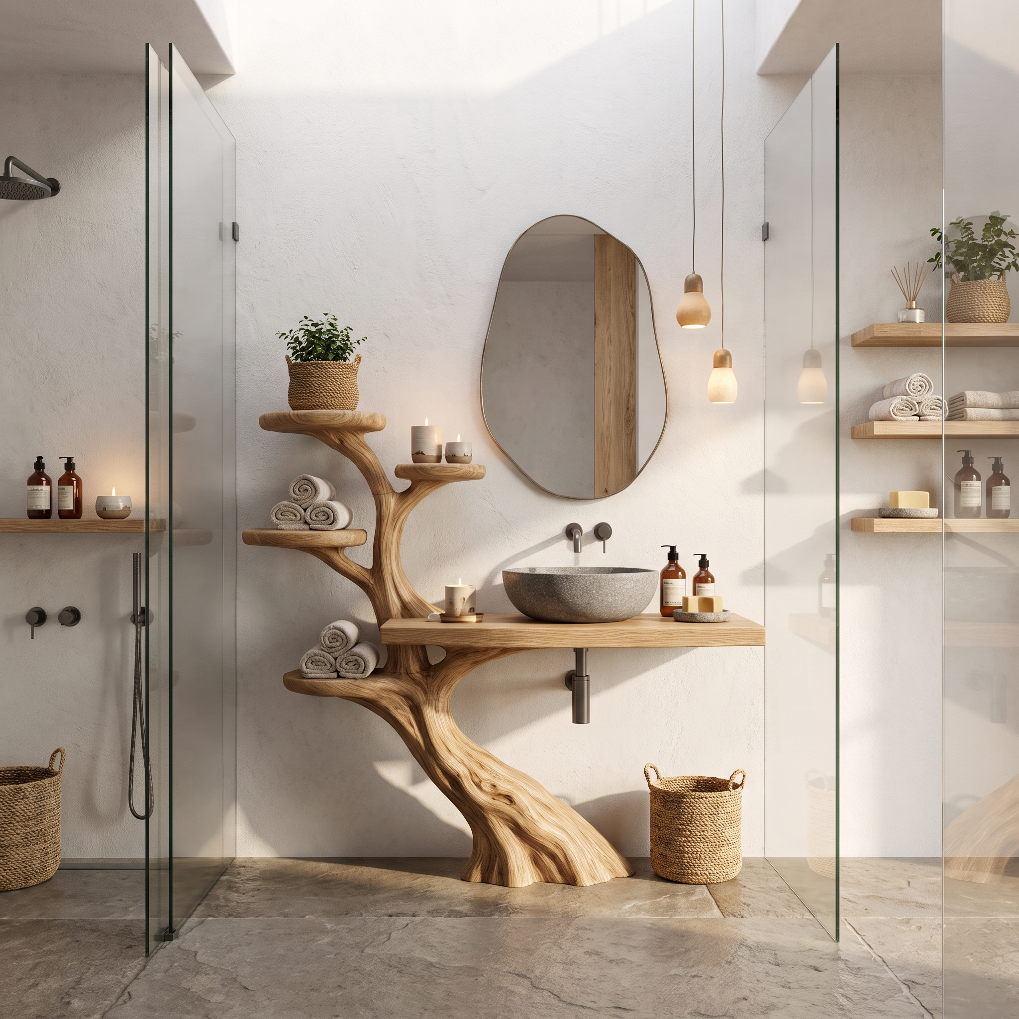 Rustic Bathroom Vanity With Sculptural Wood Structure For Bathroom