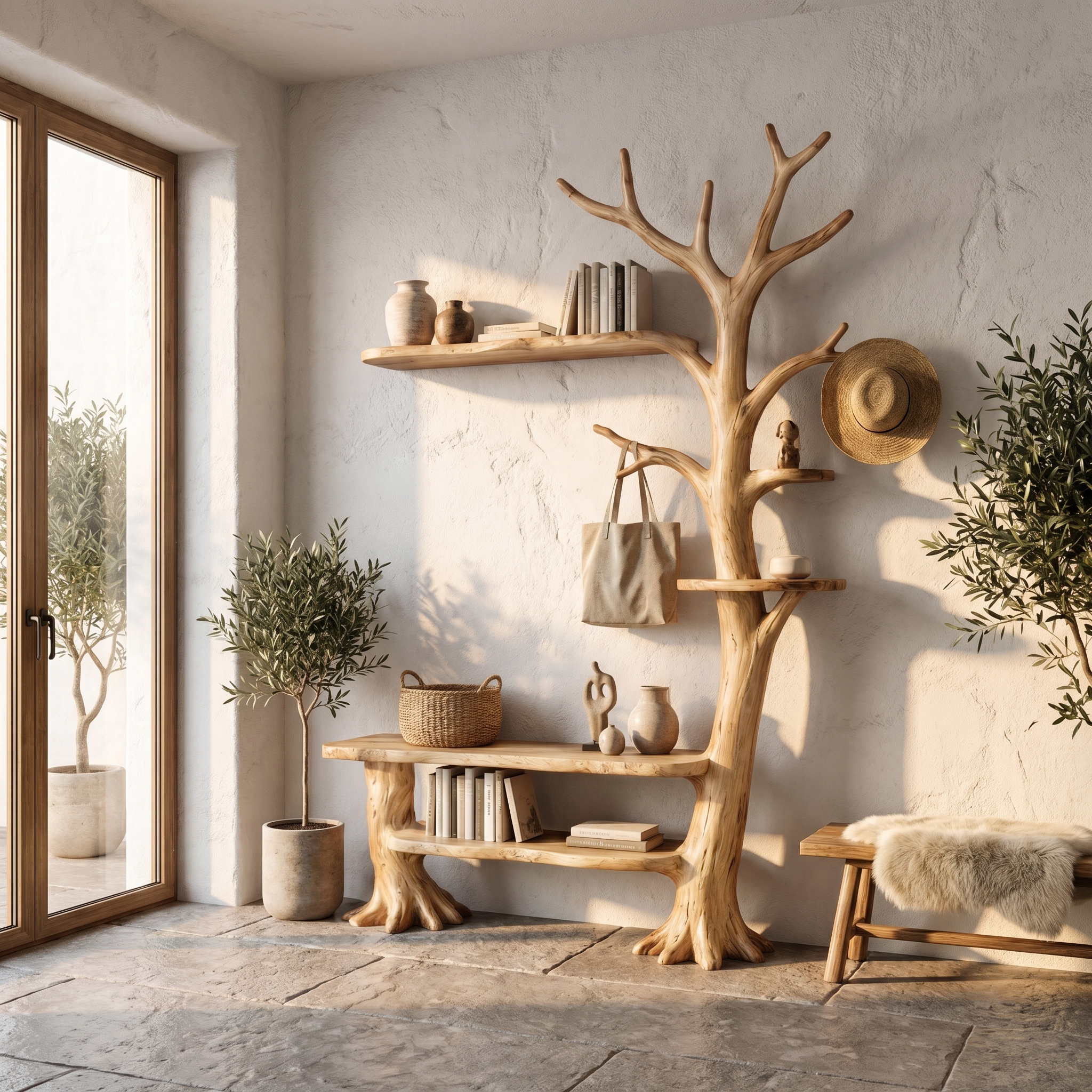 Rustic Tree Coat Rack With Integrated Bench And Floating Display Shelves For Entryway.