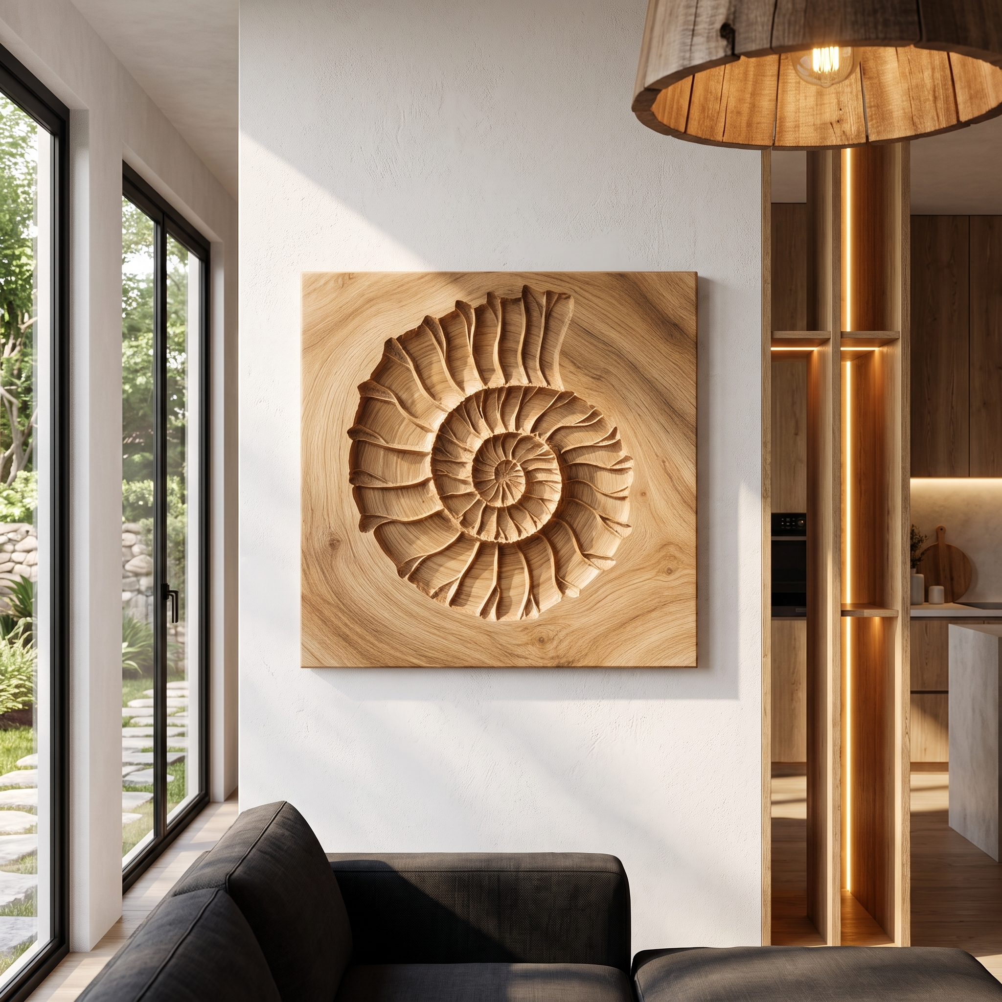Rustic Ammonite Fossil Wooden Wall Decor For Living Room