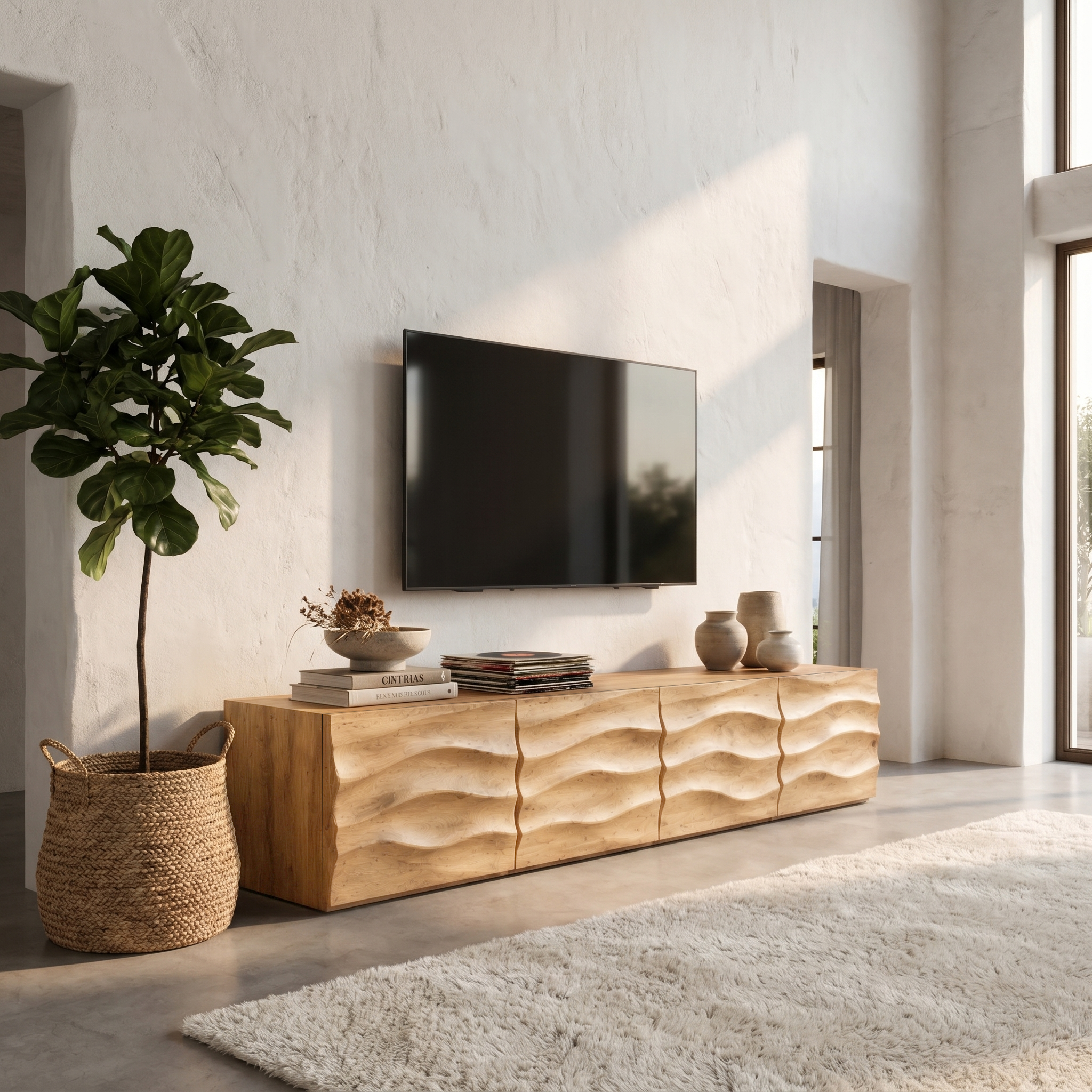 Organic TV Cabinet With Wave Front Doors And Built In Storage For Living Room