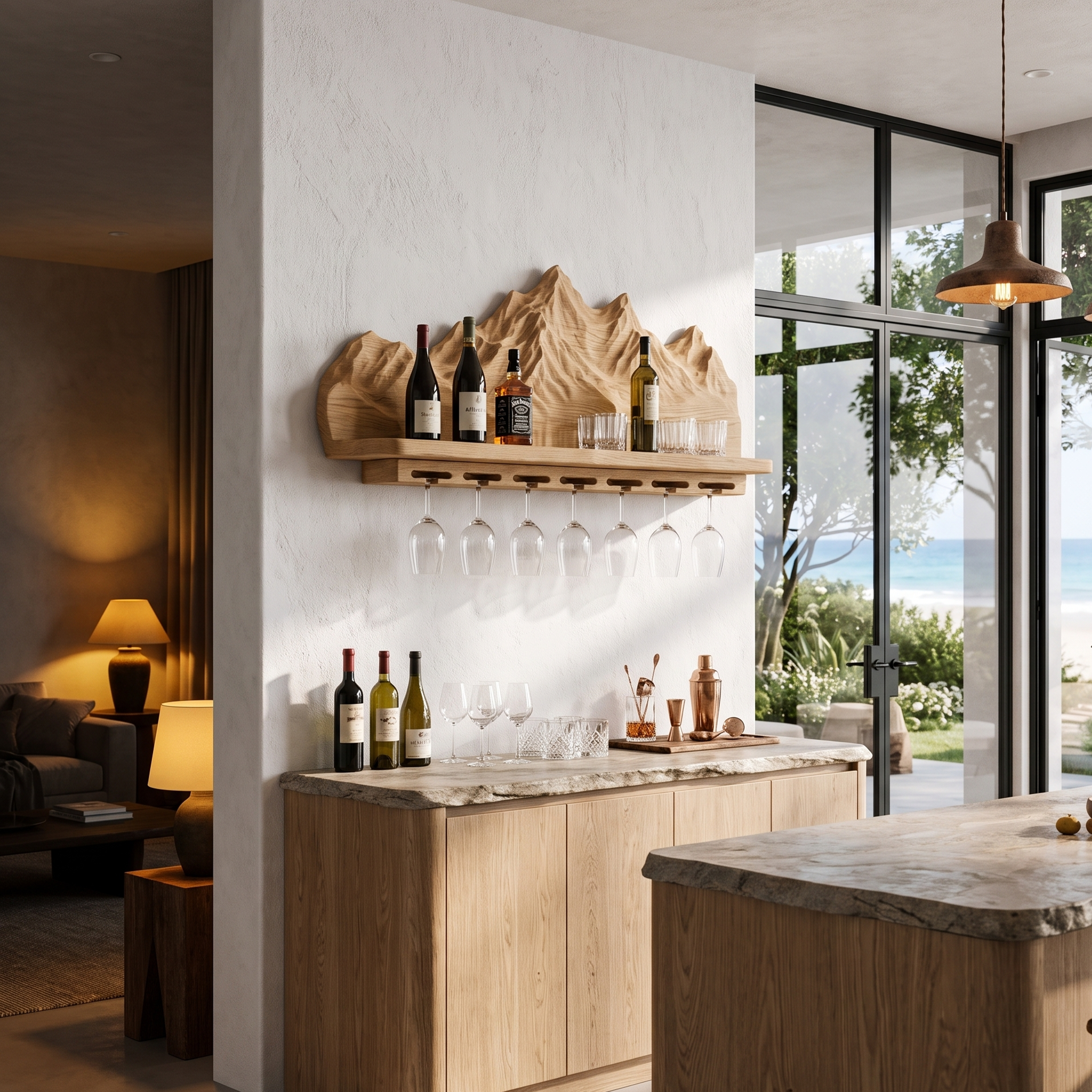 Nature Inspired Wall Wine Holder With Mountain Shelf For Home Bar