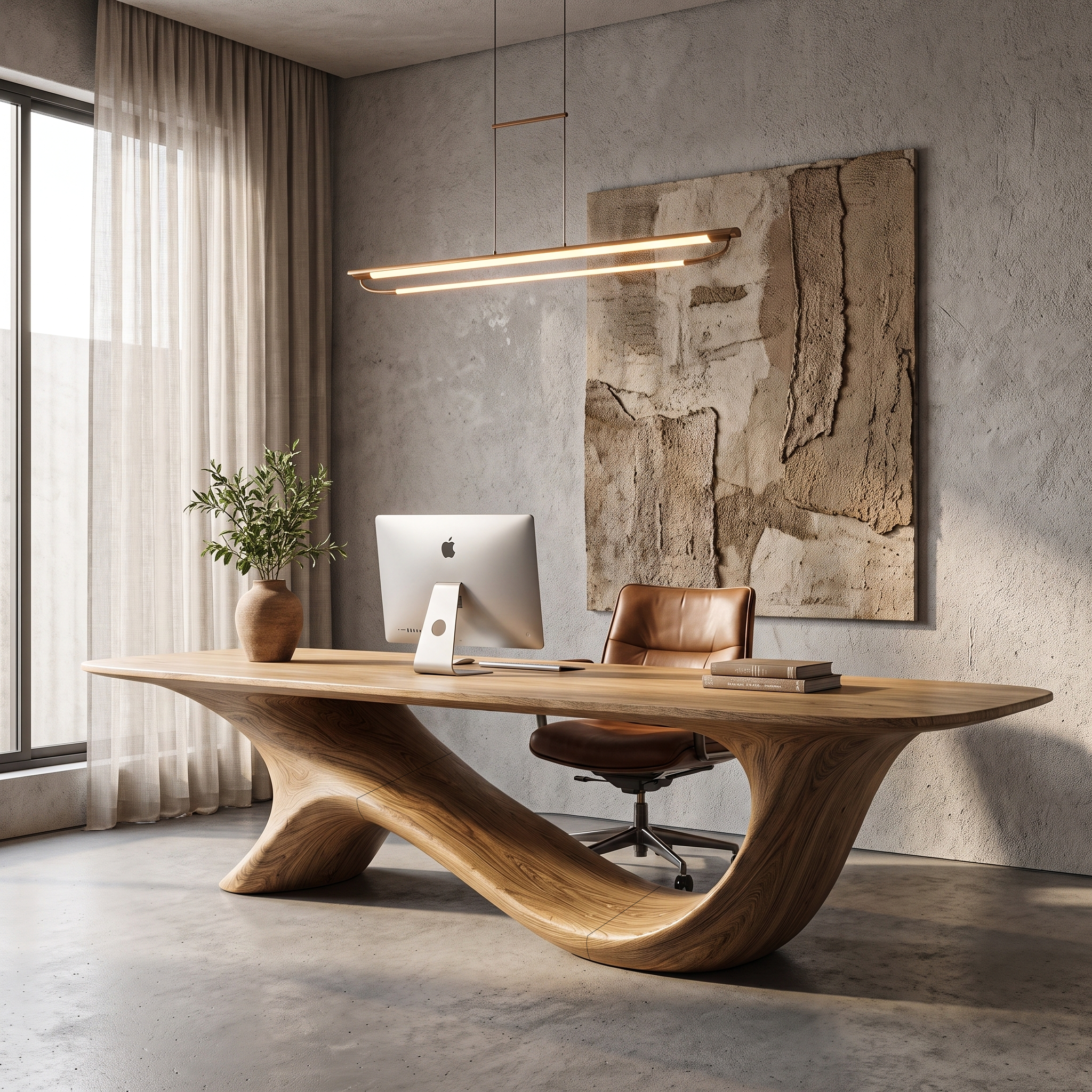 Modern Sculptural Base Desk Solid Wood Desk For Workspace