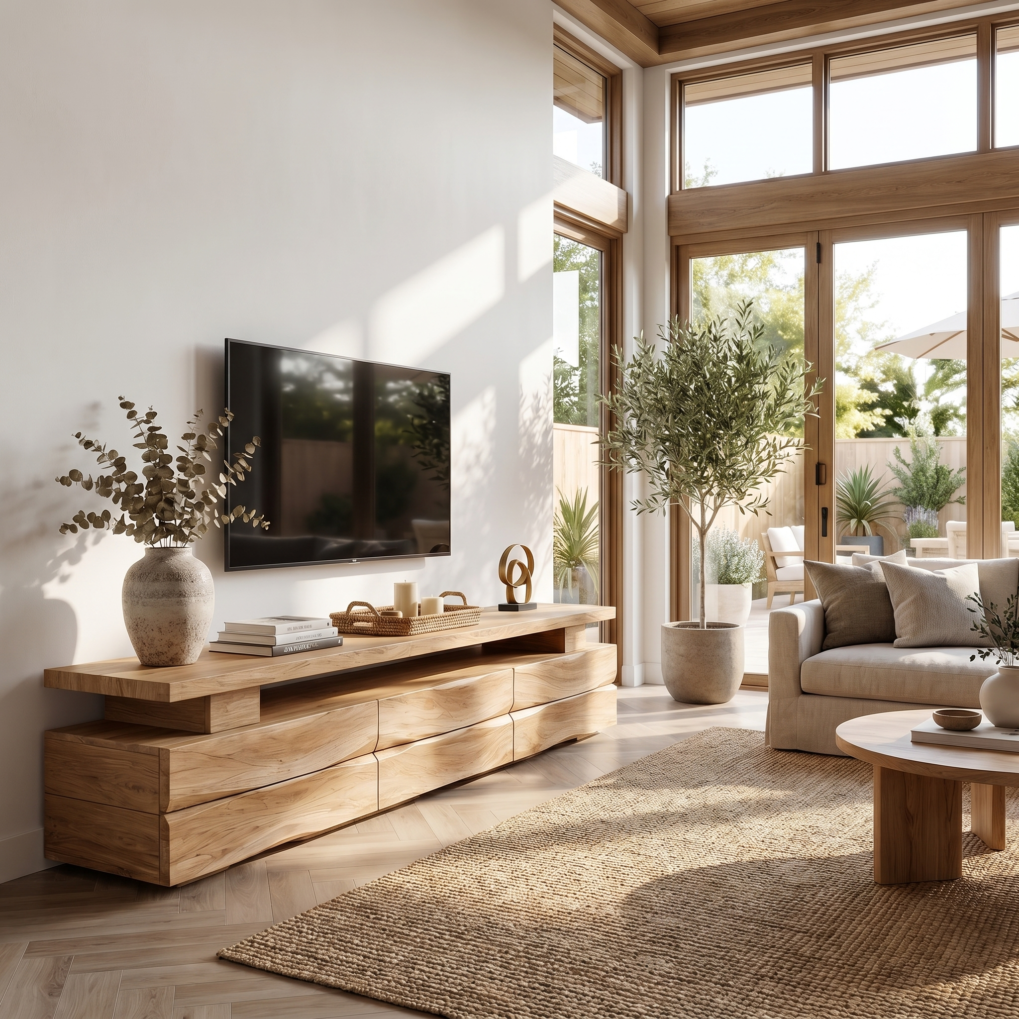 Rustic TV Cabinet With Wave Front Drawers And Open Storage Shelf For Living Room