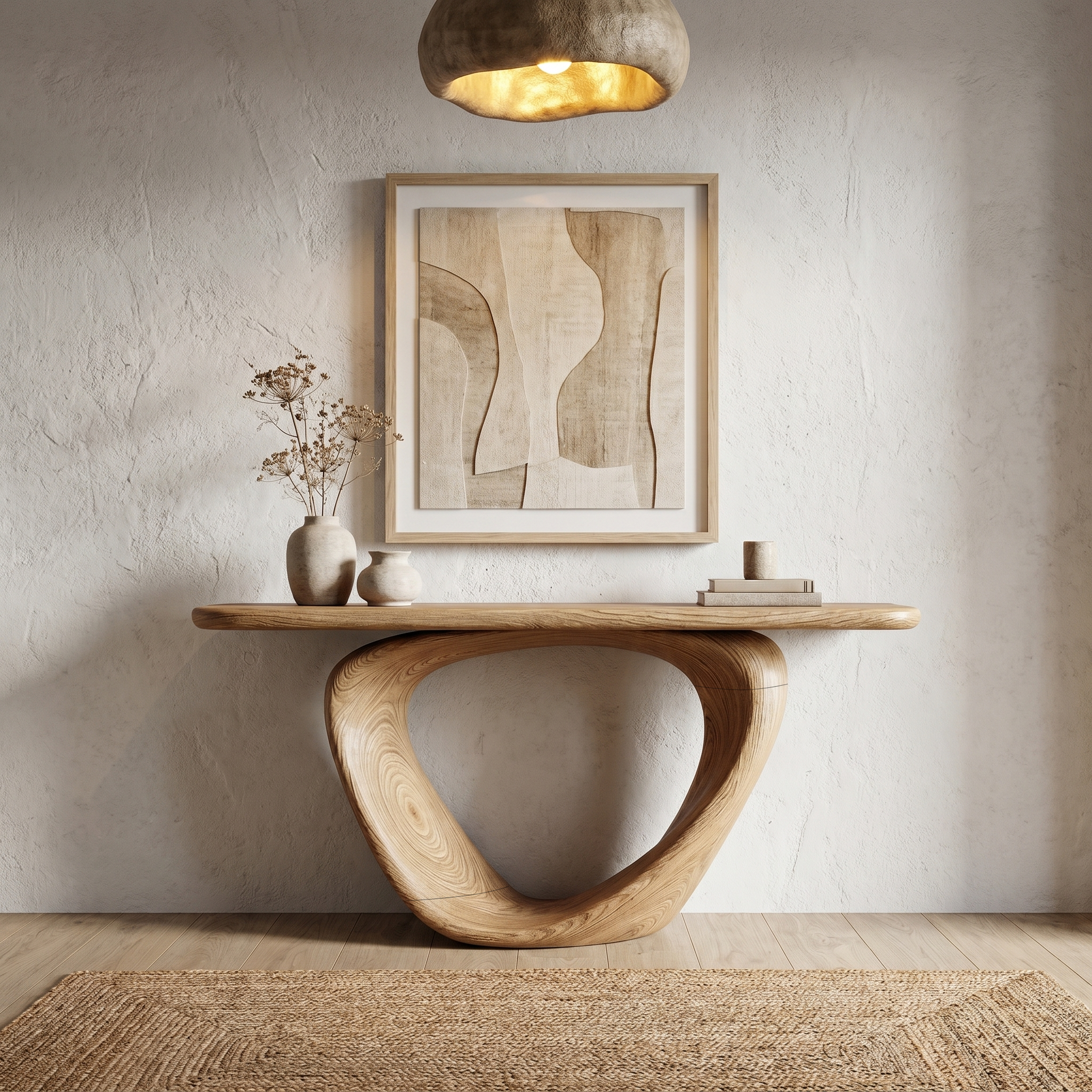 Sculptural Console Table With Loop Shaped Wooden Base Live Edge Console Table With Unique Sculptural Base Design