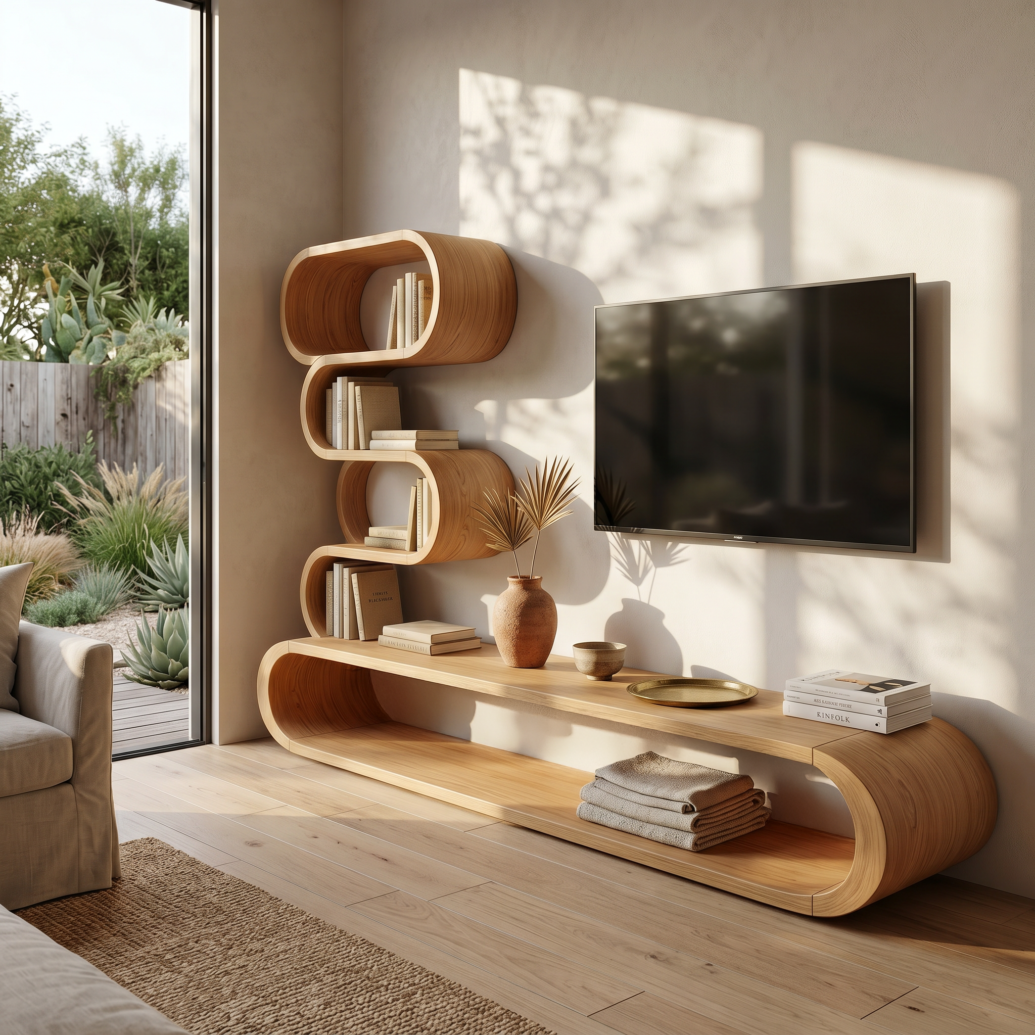 Organic TV Cabinet With Integrated Display Shelves And Rounded Storage Design For Living Room