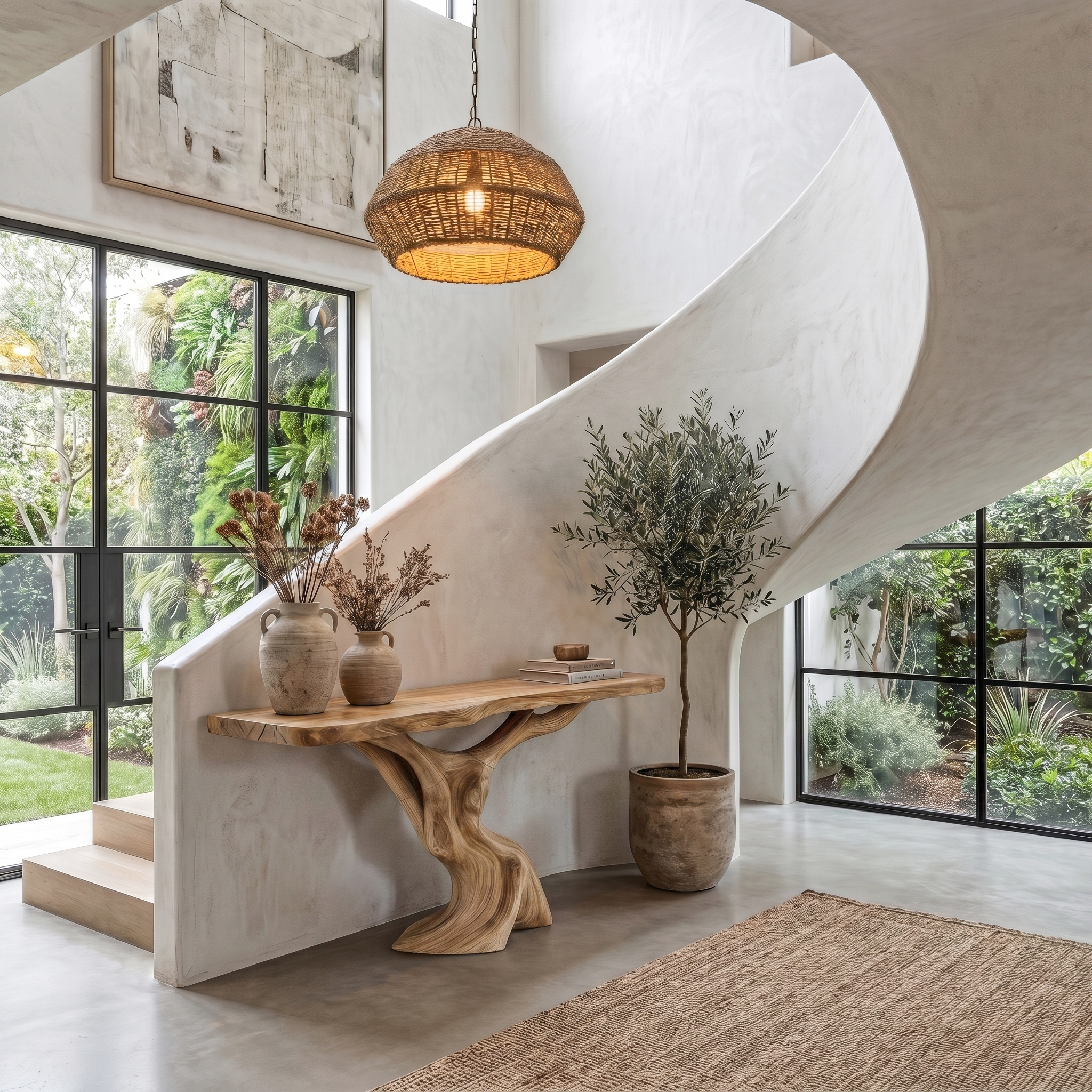 Rustic Organic Console Table With Unique Sculptural Tree Inspired Wood Base For Entryway And Living Room