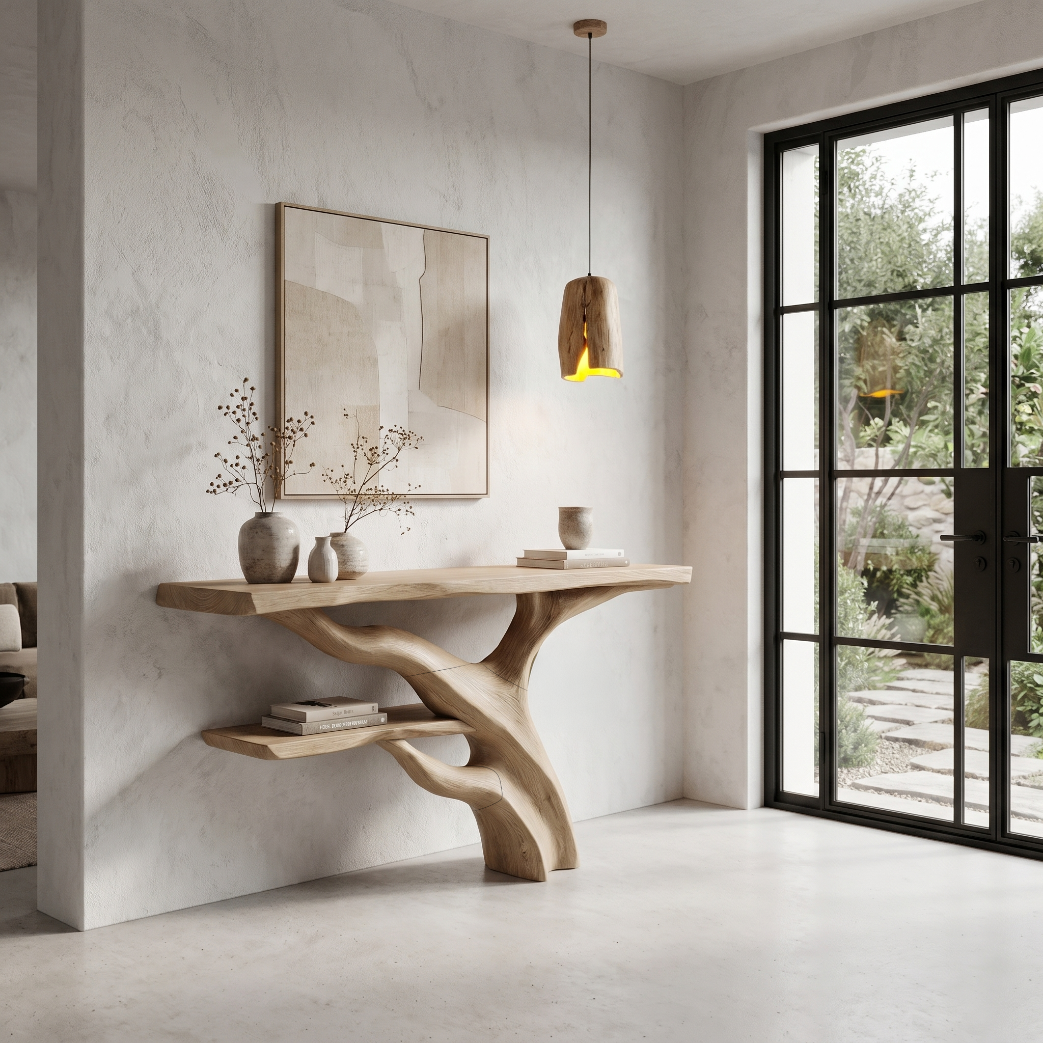 Sculptural Console Table With Abstract Branch Inspired Base And Solid Wood Top For Entryway