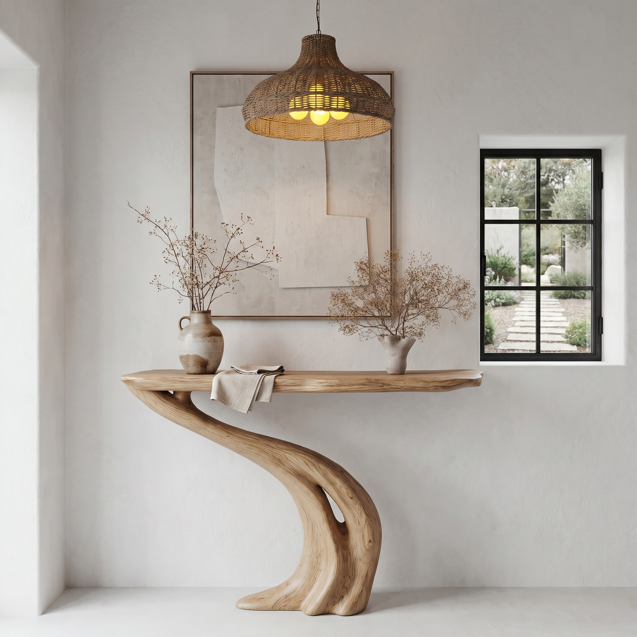 Organic Curved Console Table With Soft Flowing Wood Base For Entryway And Living Room