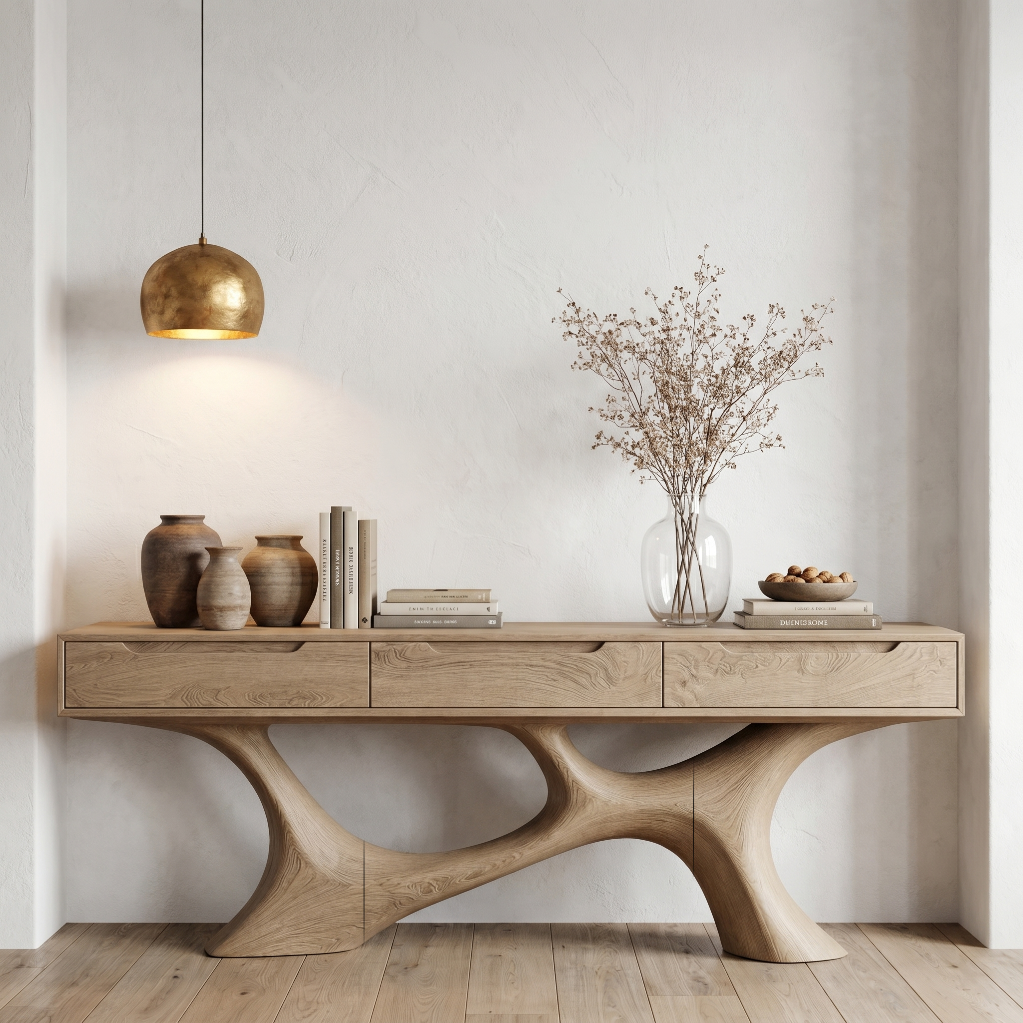 Modern Console Table With Built In Storage Cabinet And Sculptural Curved Wood Base For Entryway And Living Room