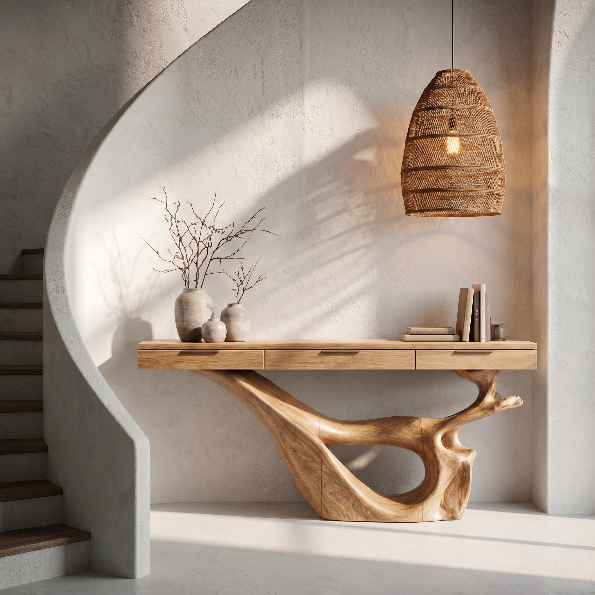 Minimal Console Table With Sculptural Curved Loop Wood Base And Solid Wood Top For Entryway And Living Room
