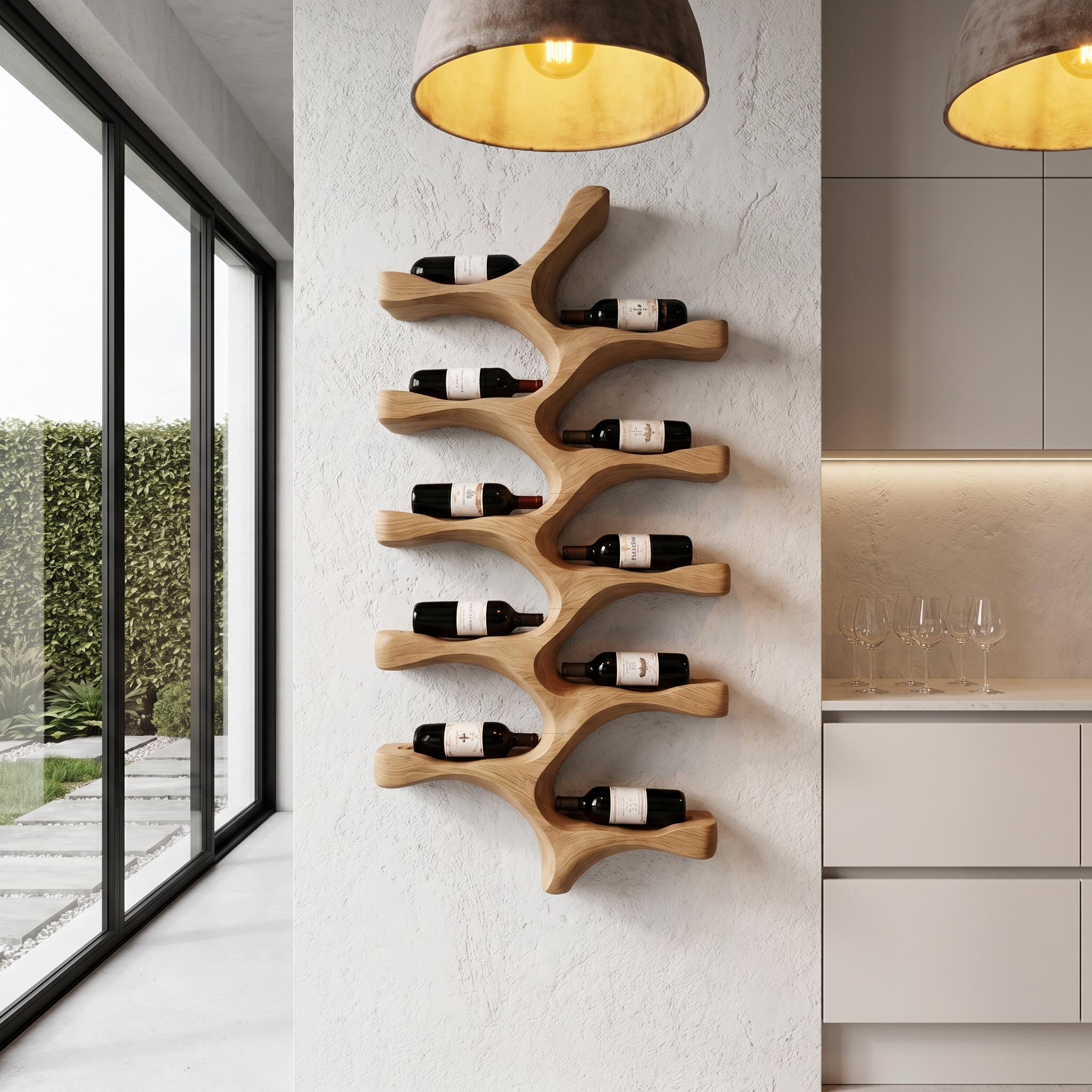 Organic Wall Mounted Wine Rack With Tree Branch Bottle Holders For Kitchen