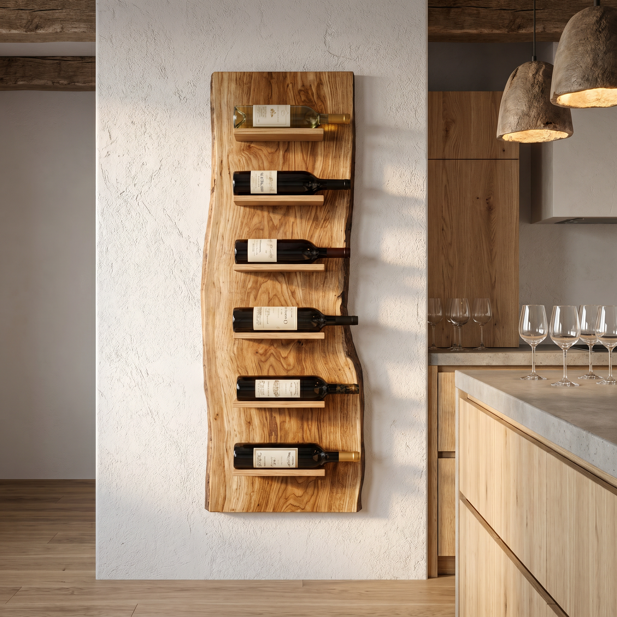 Organic Wall Mounted Wine Rack With Natural Wood Design For Kitchen