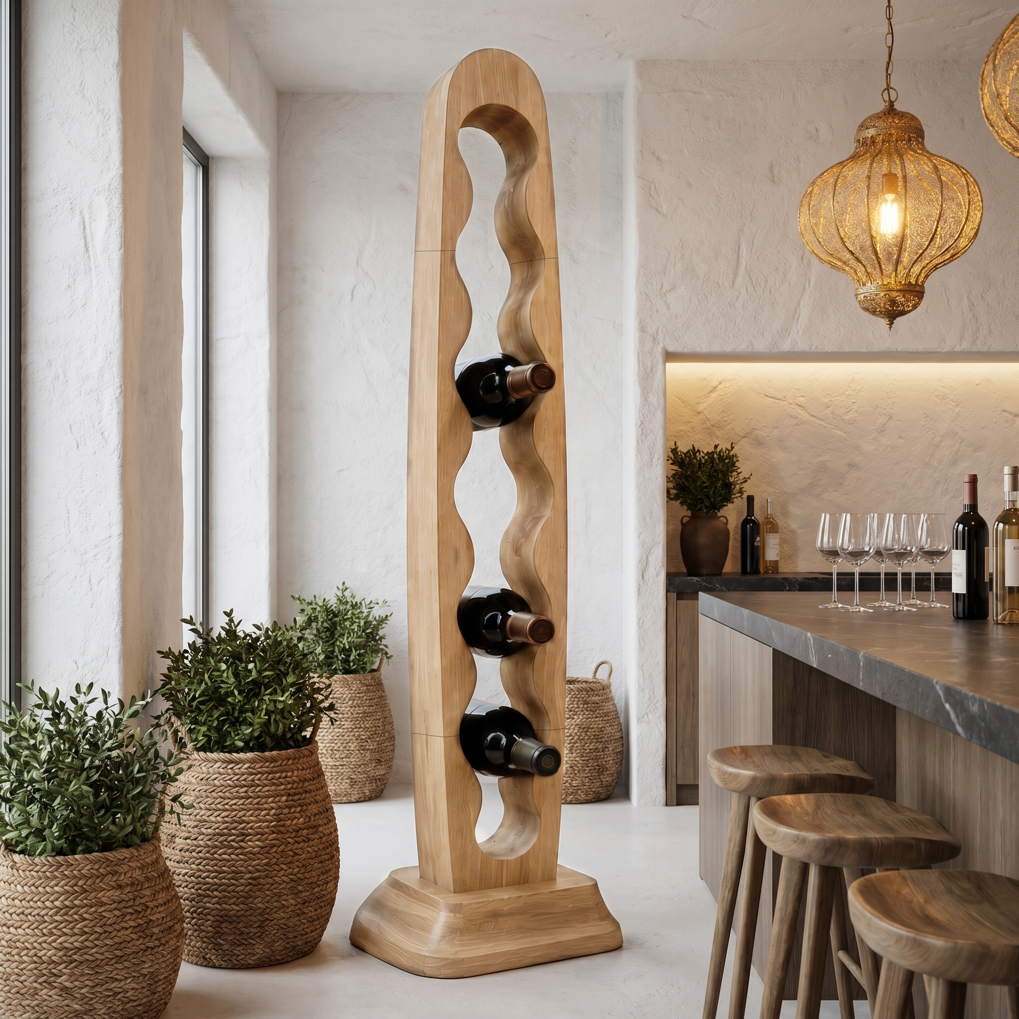 Modern Freestanding Wine Rack With Sculptural Vertical Bottle Storage For Kitchen