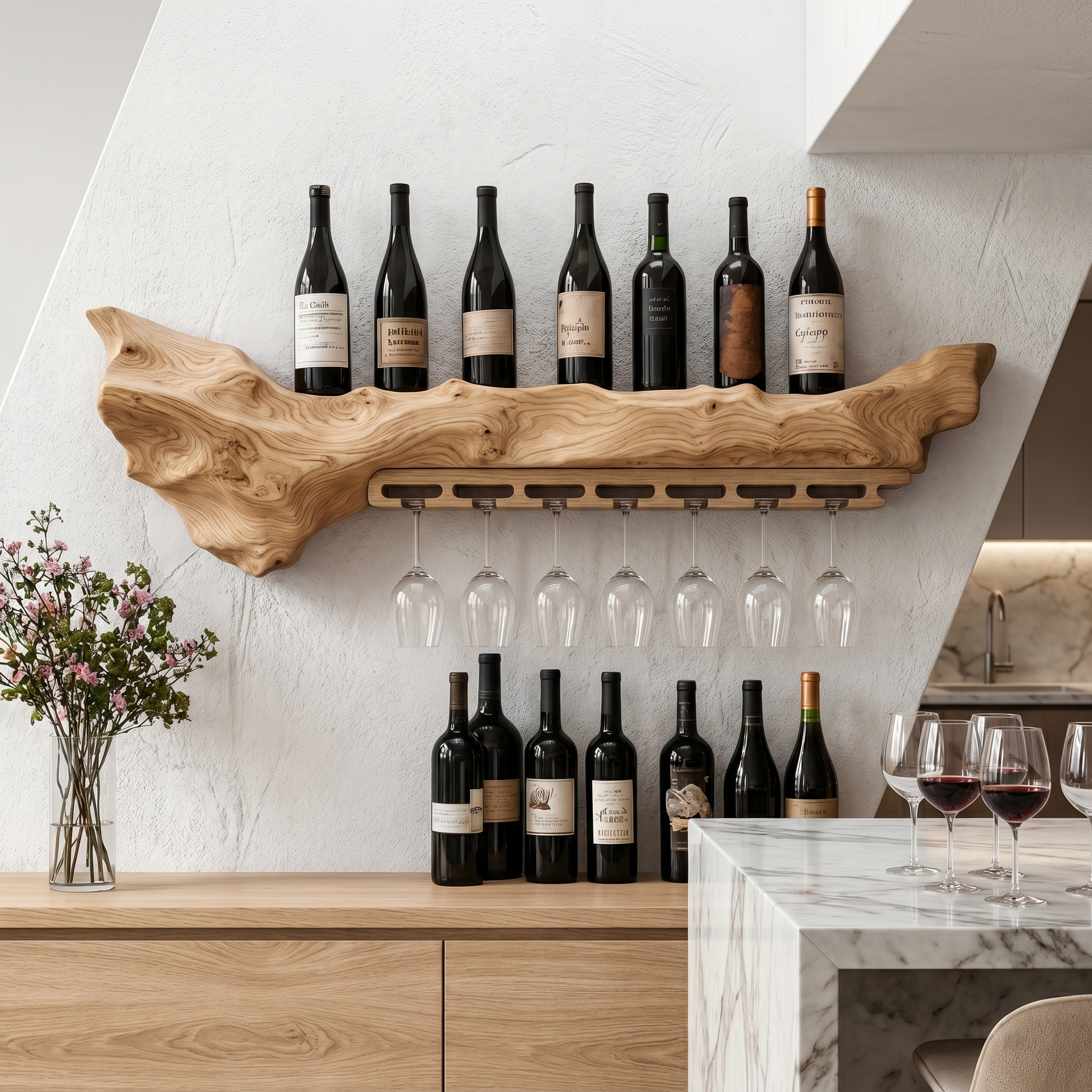 Rustic Live Edge Wall Mounted Wine Rack With Glass Holder And Bottle Storage For Kitchen And Dining Room