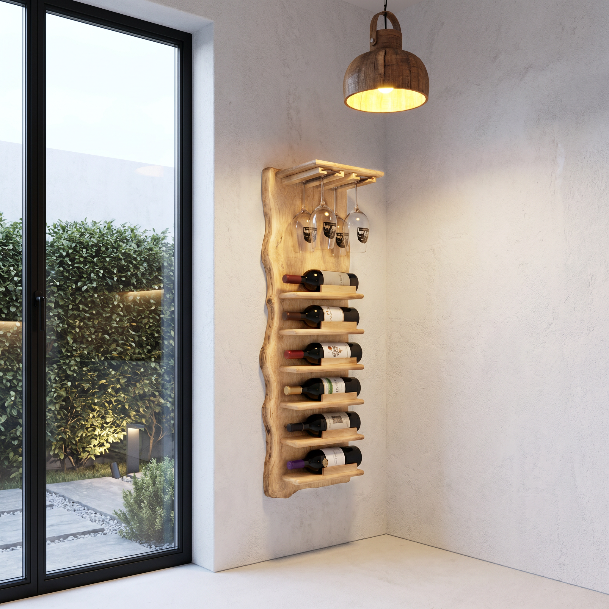 Live Edge Wall Mounted Wine Rack With Glass Holder And Vertical Bottle Storage For Kitchen And Dining Room