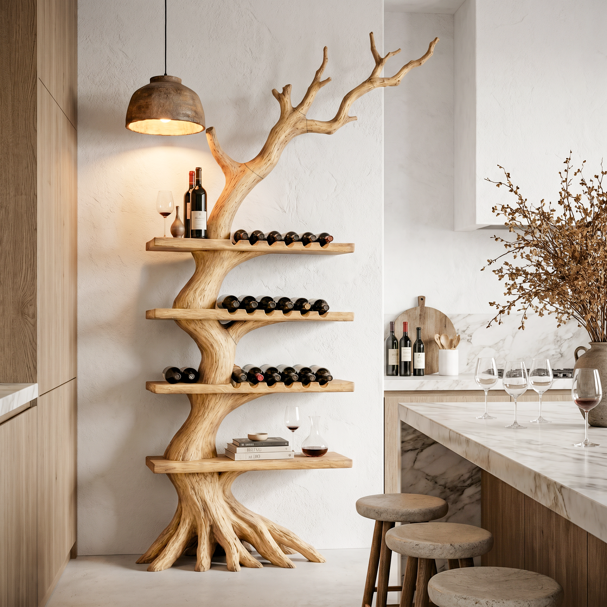Rustic Tree Wine Rack With Solid Wood Shelves And Branch Inspired Wall Mounted Design For Dining Room